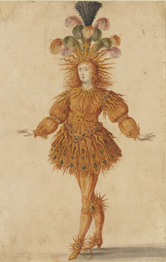 Image tirée des Costumes du Ballet intitulé : "La Nuit," représenté à la Cour en 1653, dans lequel Louis XIV figura habillé en soleil (BnF)