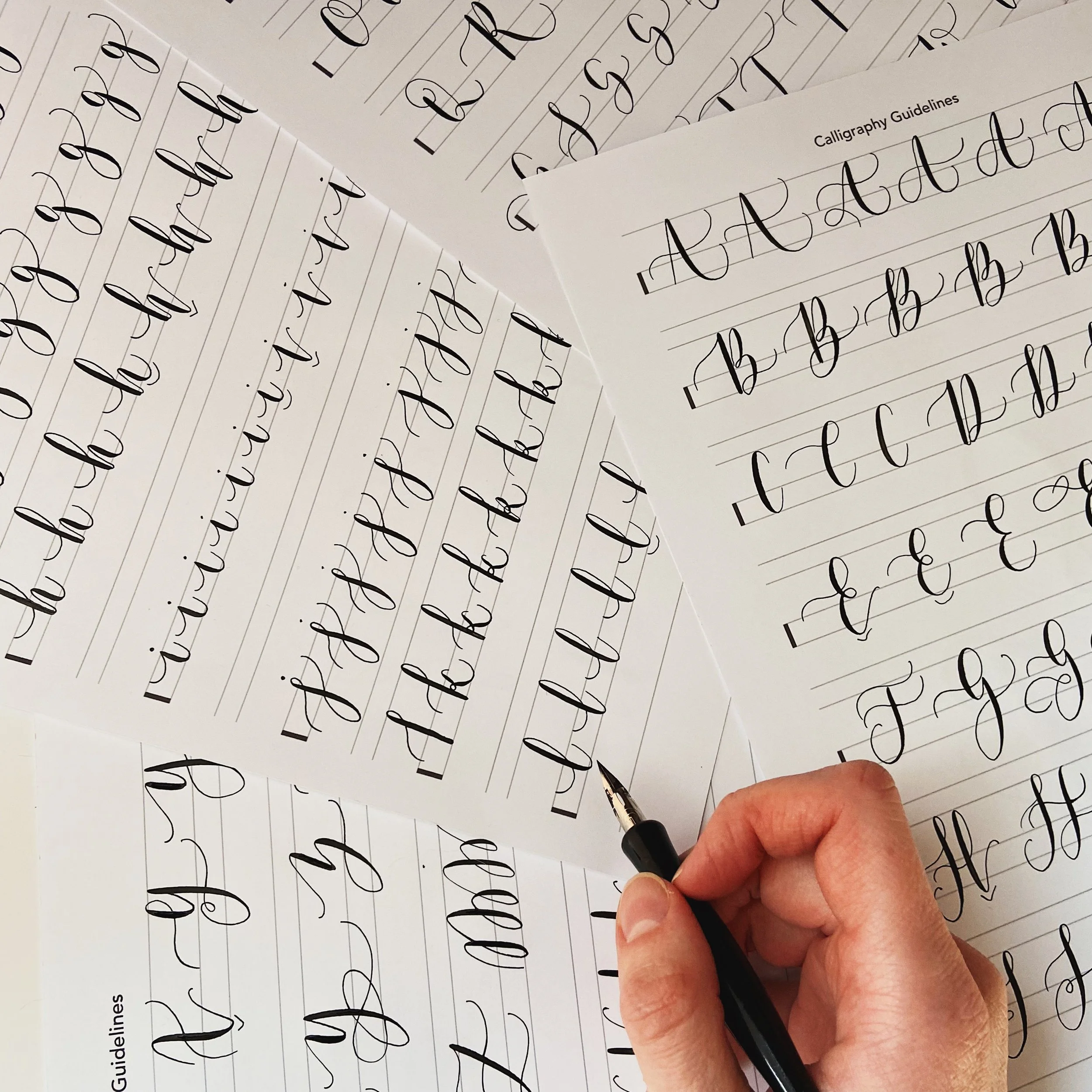 Modern calligraphy practice sheets featuring the lowercase and uppercase alphabet.