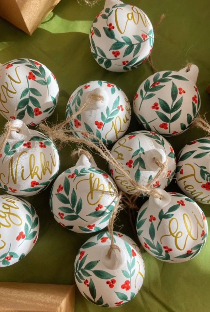 Festive bauble lettering and painting workshop in Hove with faux calligraphy practice