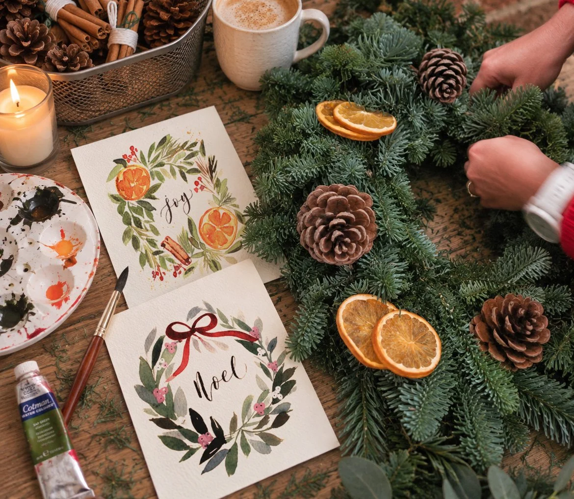 Christmas wreath making and watercolour workshop at Winter Petals & Paint in Worthing, East Sussex