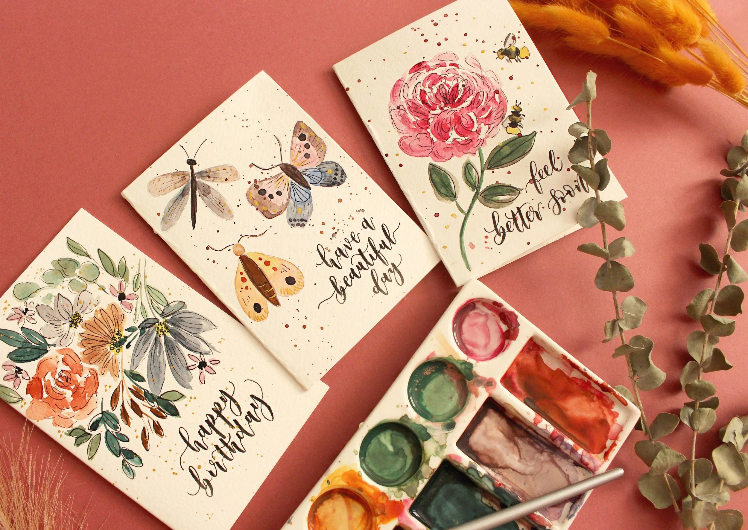 Brush Calligraphy and Watercolour Cards - Loose Style + Fineliner Detail - ONLINE REPLAY