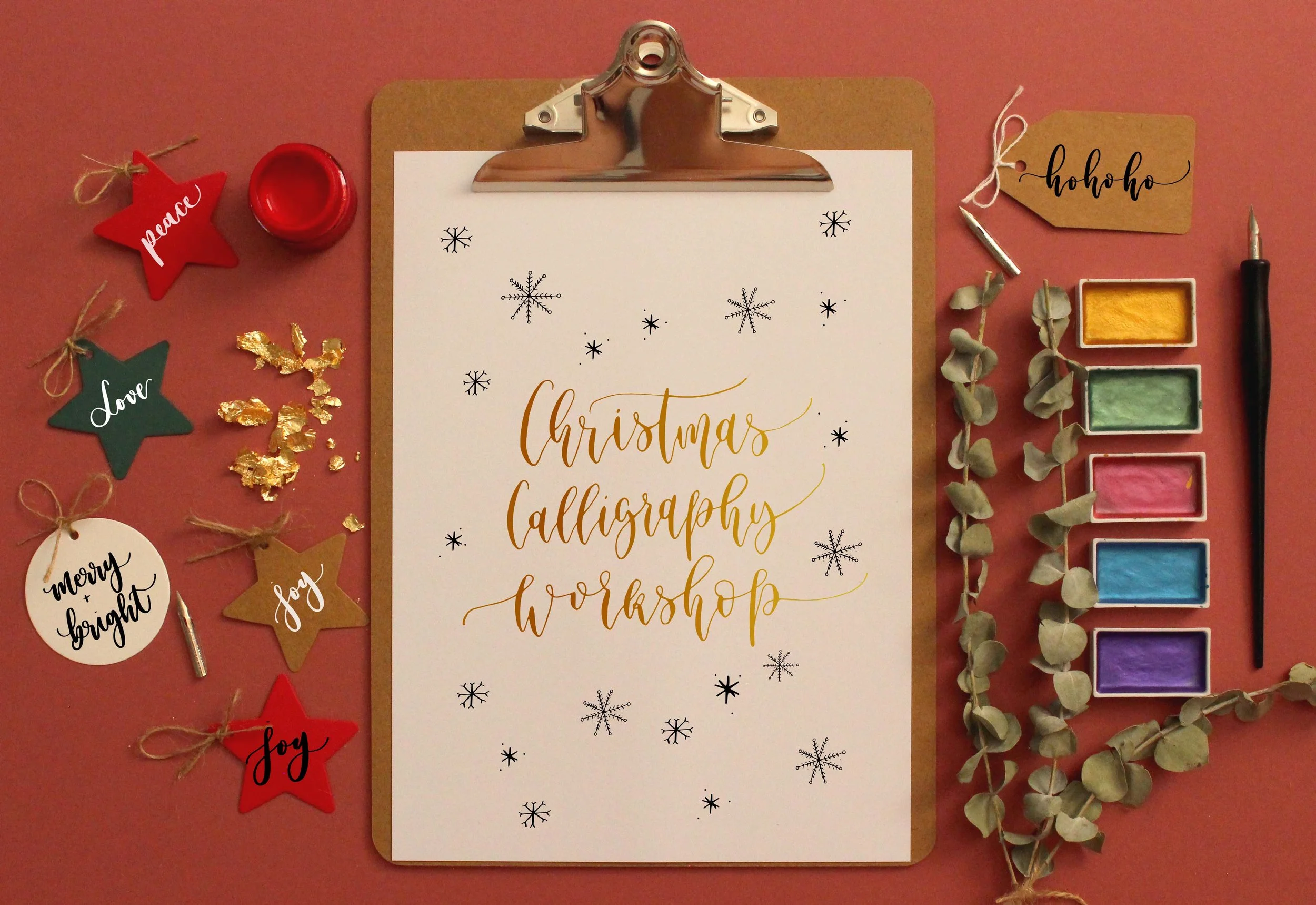 Beginner dip pen calligraphy workshop in Hove with festive inks and handmade cards