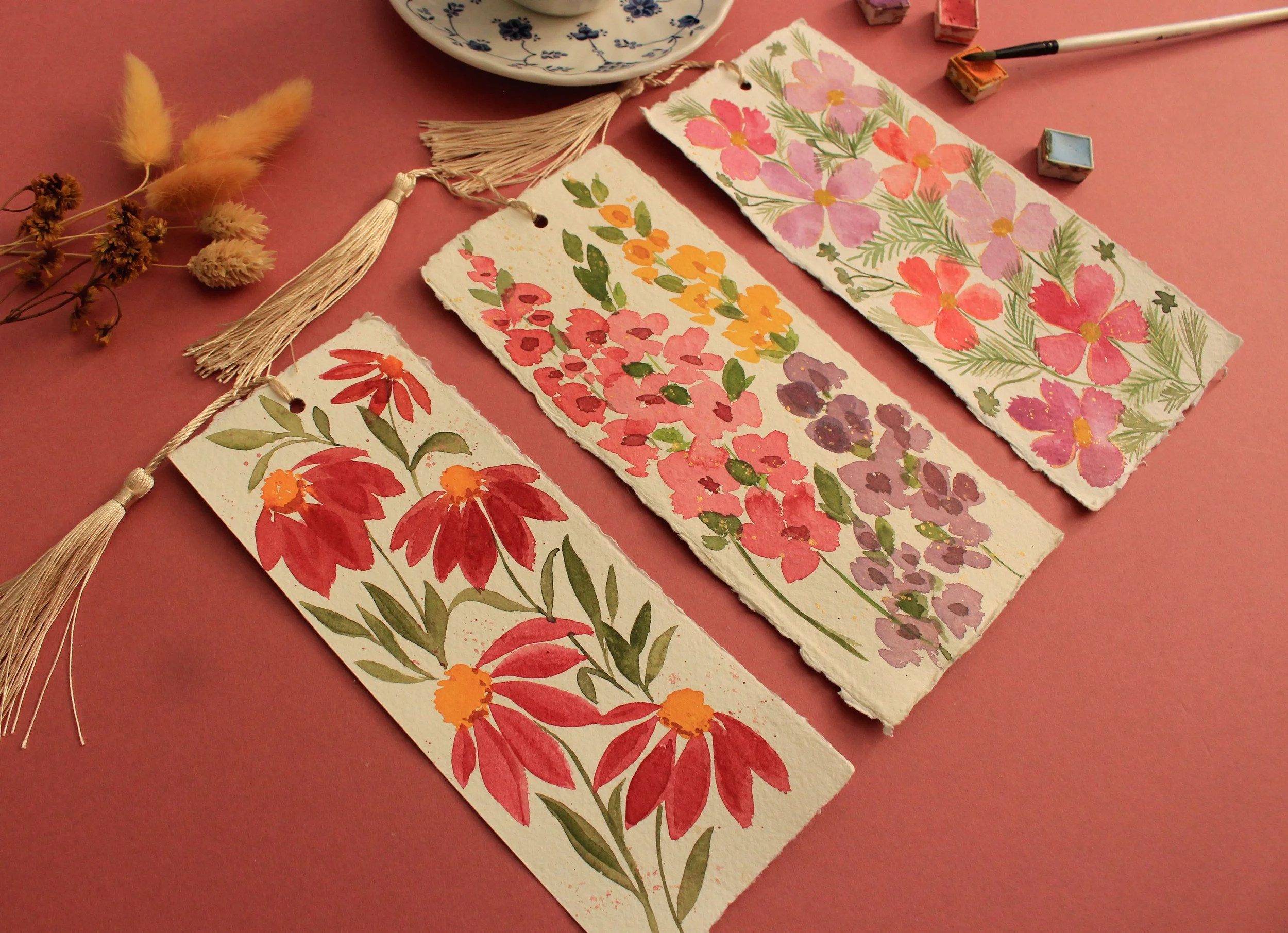 Hand painted floral bookmarks cotton paper watercolour workshop Newhaven East Sussex