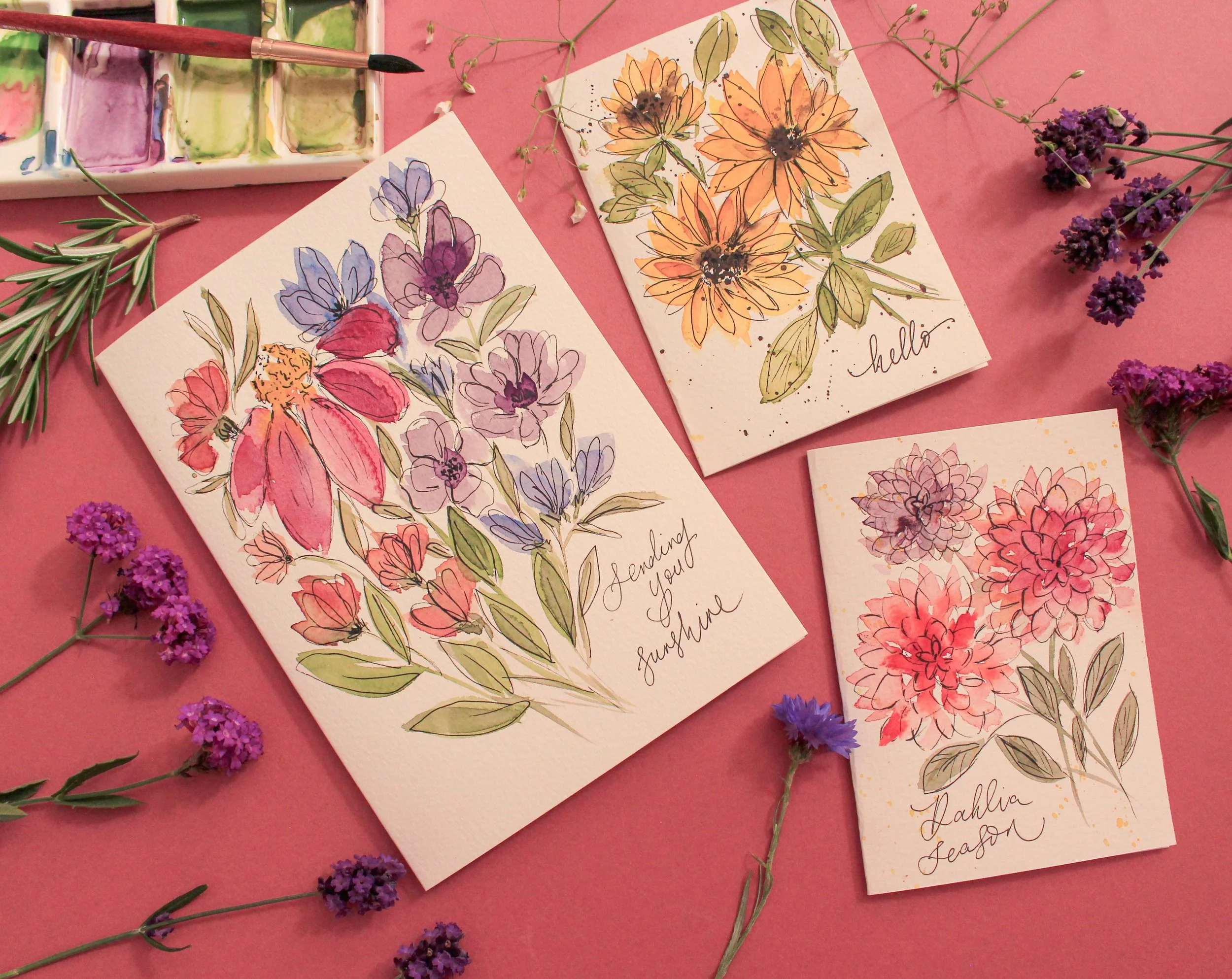 Handmade floral greeting cards painted with watercolour and fineliner pen