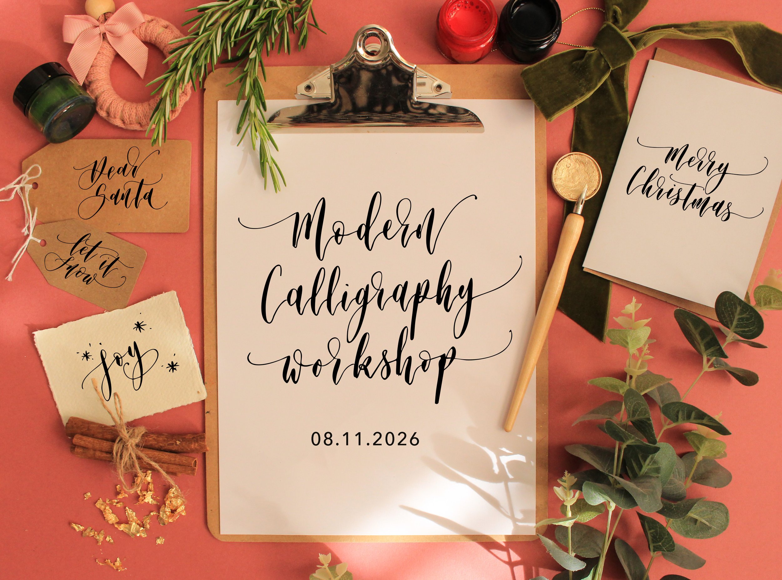 Christmas calligraphy workshop showing handmade Christmas cards created with modern dip pen calligraphy.
