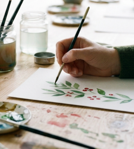 estive watercolour foliage and berries painted for handmade Christmas cards.