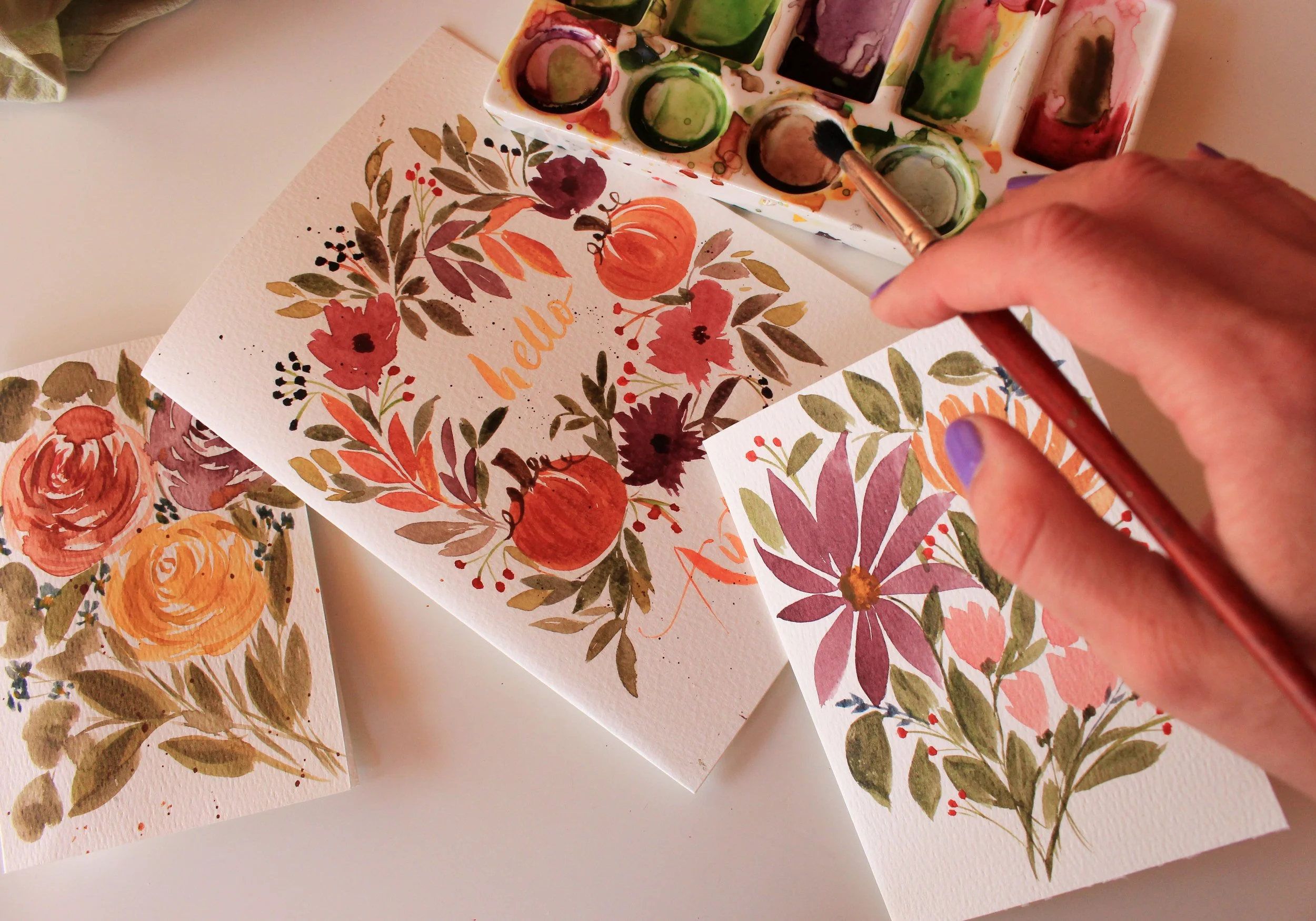 autumn card workshop painting in process