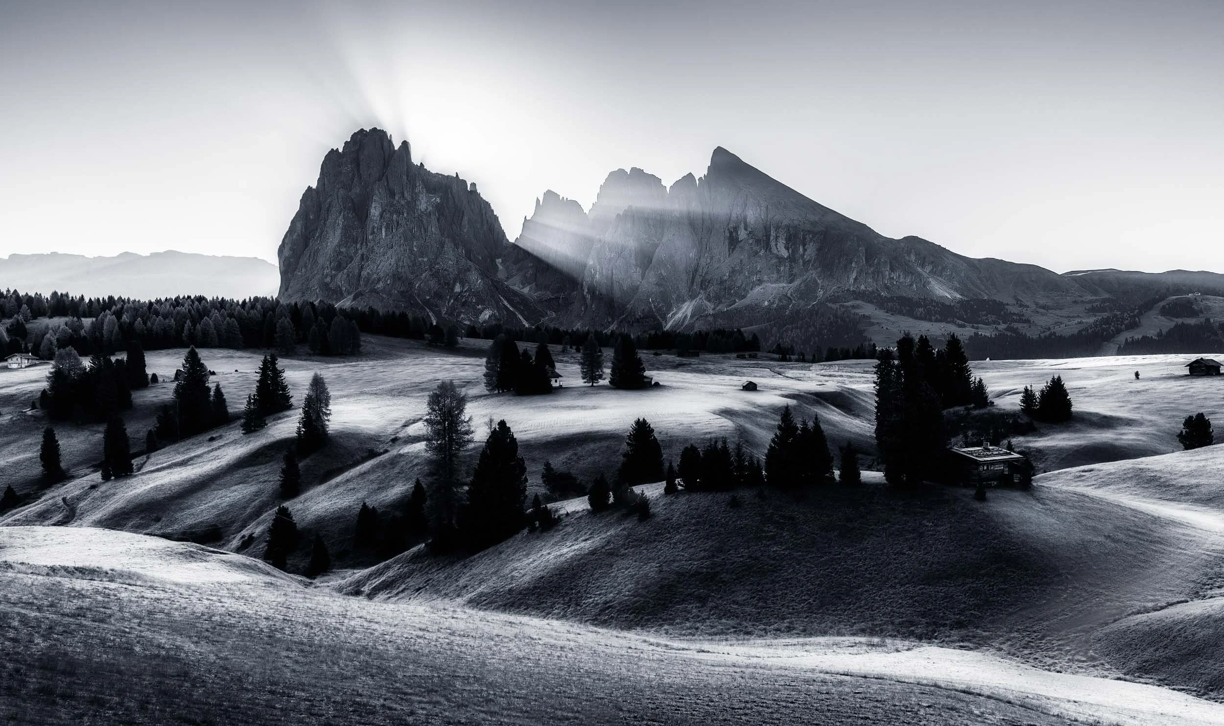 Misty Alpe di Siusi during sunrise with frost-covered hills in front of the mountain peaks of Langkofel and Plattkofel. 