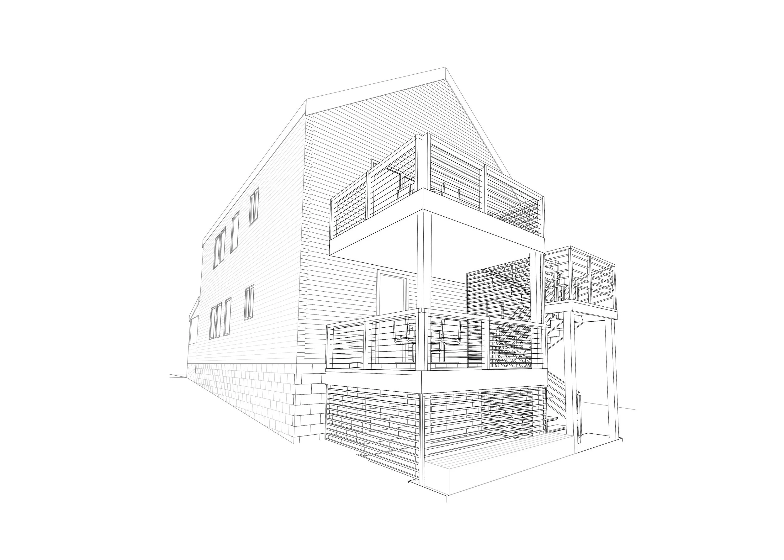 Schematic perspective view of deck shows solution that accommodates a two unit house.