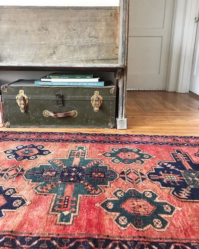 &ldquo;Lou&rdquo; 3.4 x 9.1 // DM for details! Old rugs and old trunks (this trunk was my grandfather&rsquo;s from WW2 I believe- his name is stamped on the top!).
.
.
.
#myinspiredhouse #peepmypad #homemaderental #rentersclub  #myhomevibe #nestandth