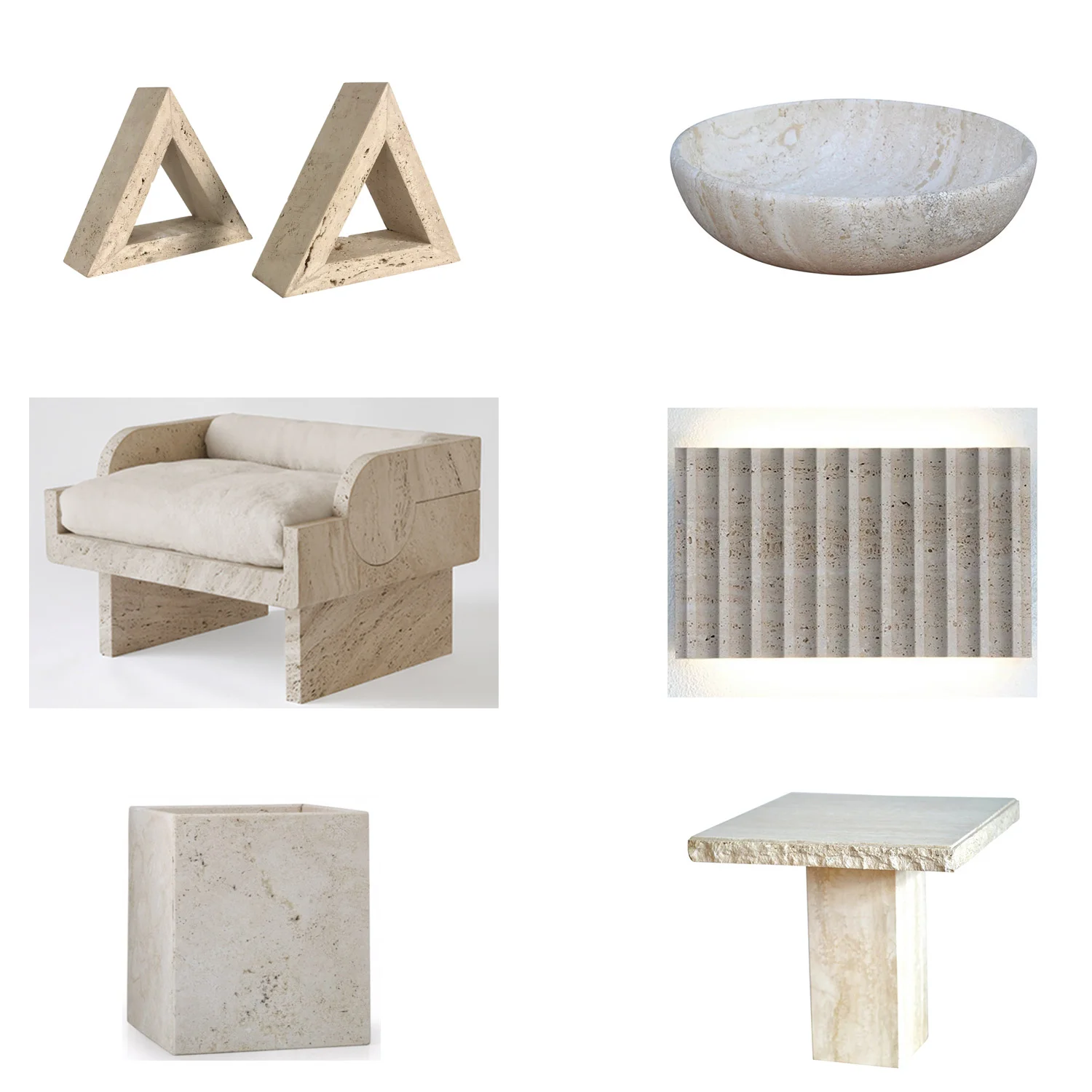 Clockwise from top left: triangle bookends , mid-century modern bowl , Stephane Parmentier armchair , Roma wall light , waste basket , 1970’s side table .