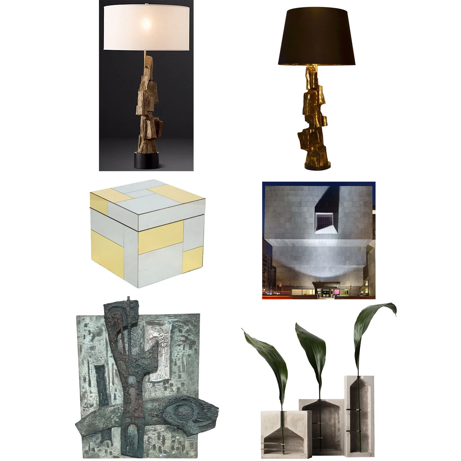 Clockwise from top left: RH Lamp, Vintage Lamp , Ice Bucket , Met Breuer Museum , Abstract Panel , Concrete Vases .