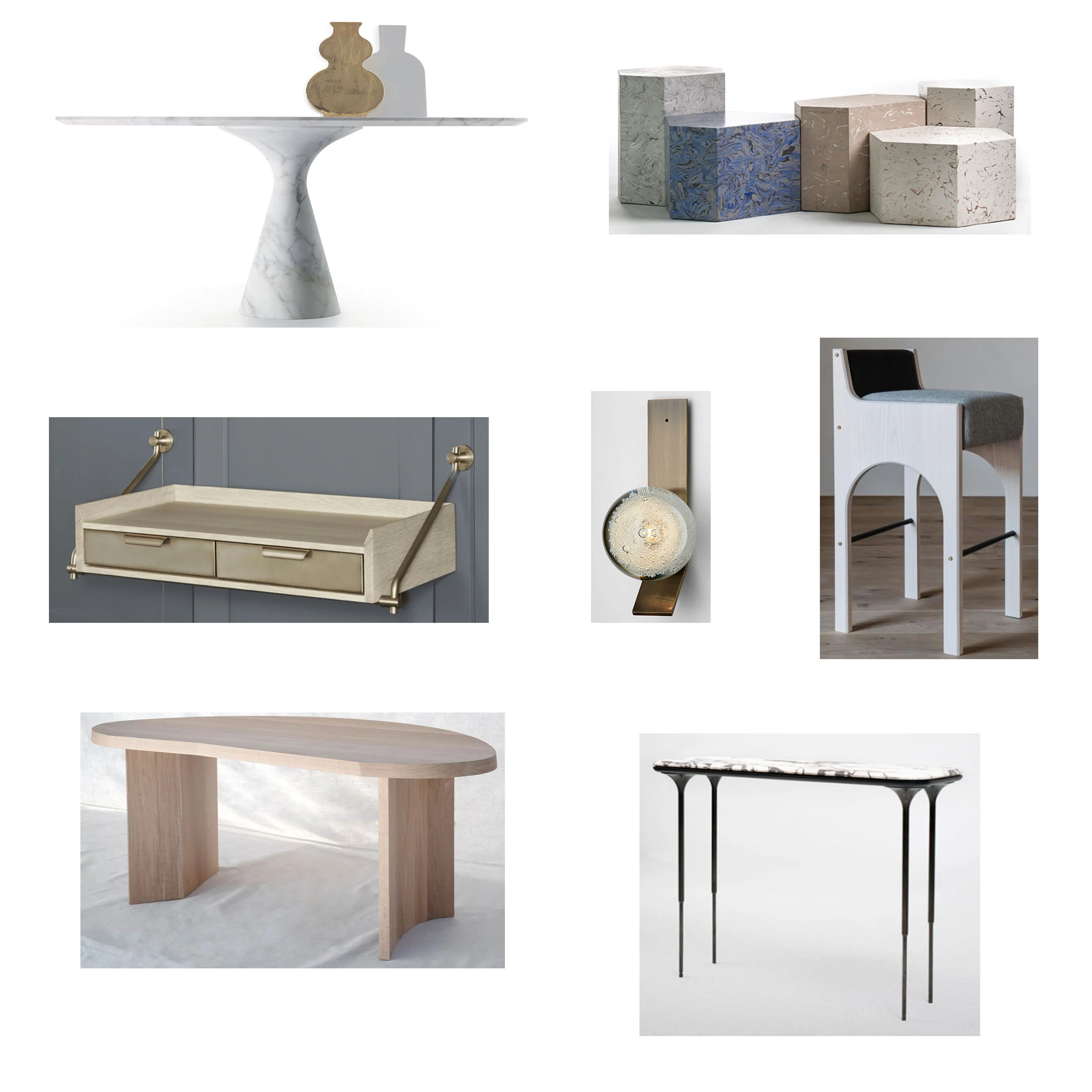 Row 1: Torre Maxi table, Playtime Series groupings . Row 2: Knife Edge Console, Fizi Wall Sconce, Arc Stool . Row 3: Chene Desk , NYX Console.