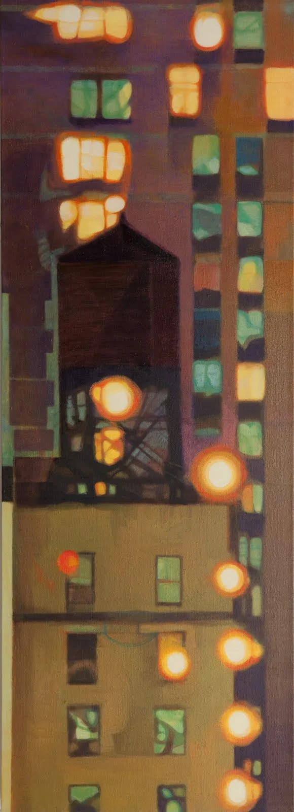 "Watertower Glow", oil on linen, 50 x 20 x 2.5 in.