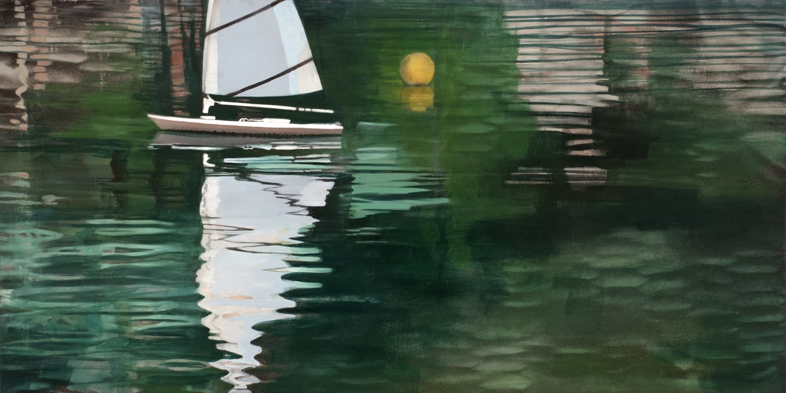 "Setting Sail (Central Park Boat Pond)", oil on linen, 22"x 44"