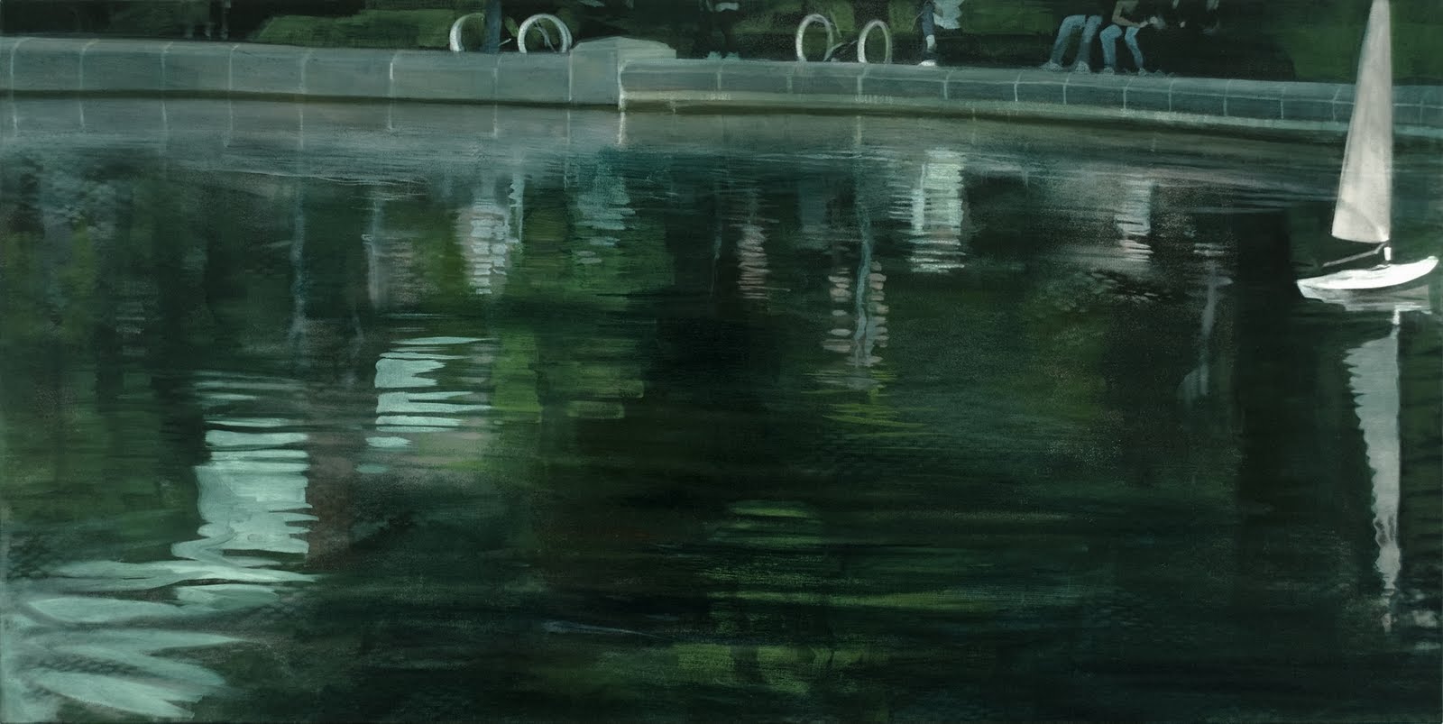 "Echoes Assembled (Central Park Boat Pond)", oil on linen, 22"x 44"