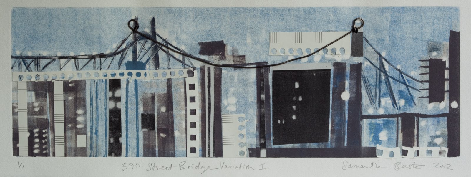 "59th Street Bridge Variation I", monotype/collage, 12x24 in.