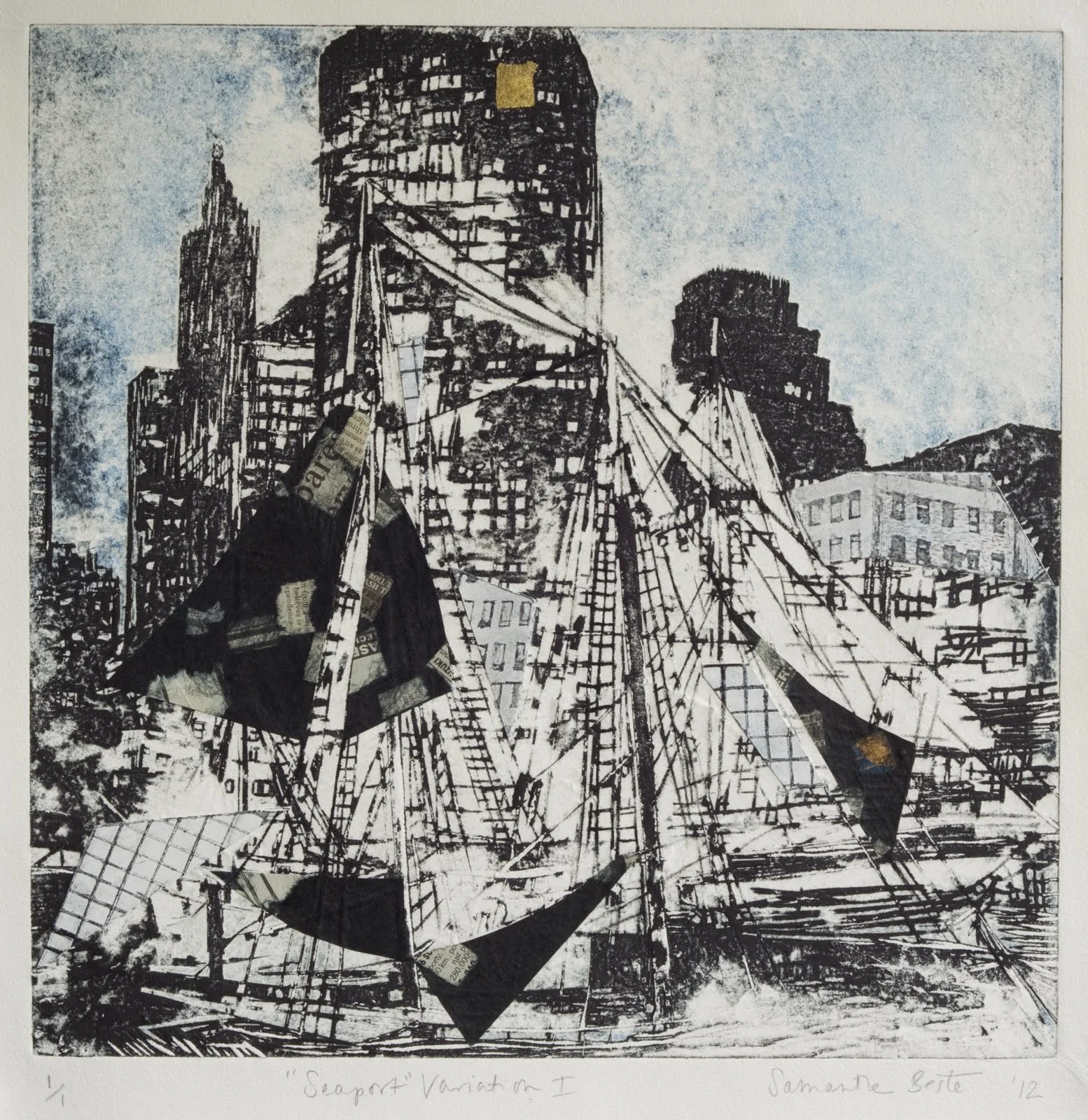"Seaport Variation I", mixed media, 15.5x15.5 in.