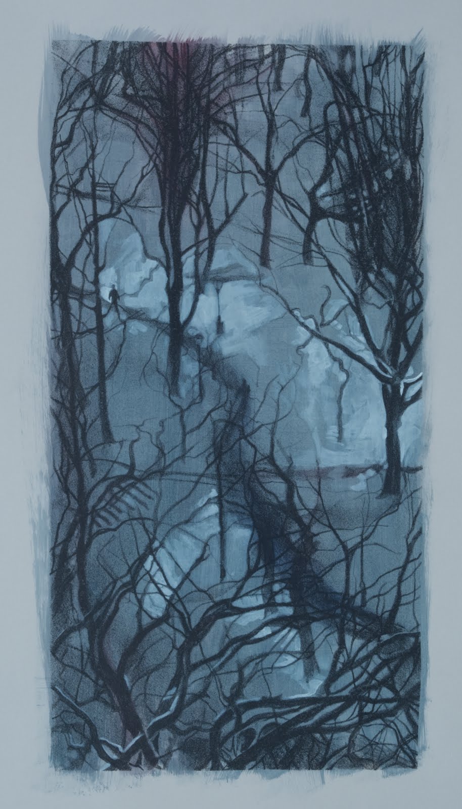 "Central Park Snow (variation)", lithograph with gouache, 13 x 6.5 in.