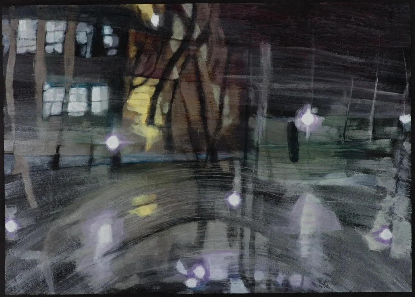 "Lincoln Towers Parking Lot", acrylic and colored pencil on paper, 19.5 x 27.5 in.