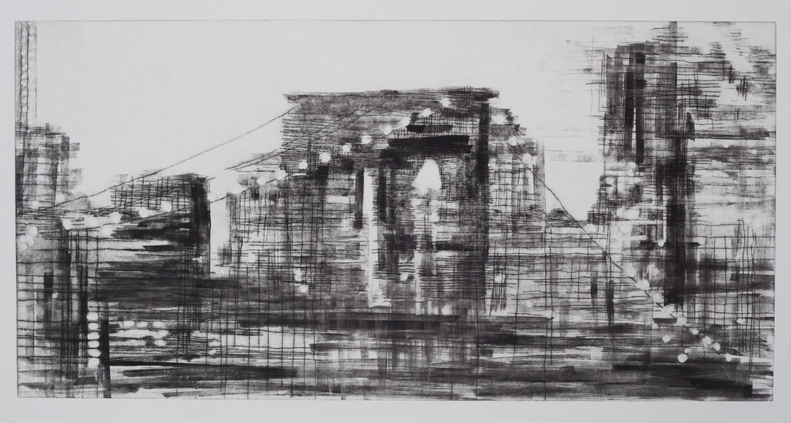 "Building a Bridge II (3/4)", drypoint and monotype, 24 x 24 in.