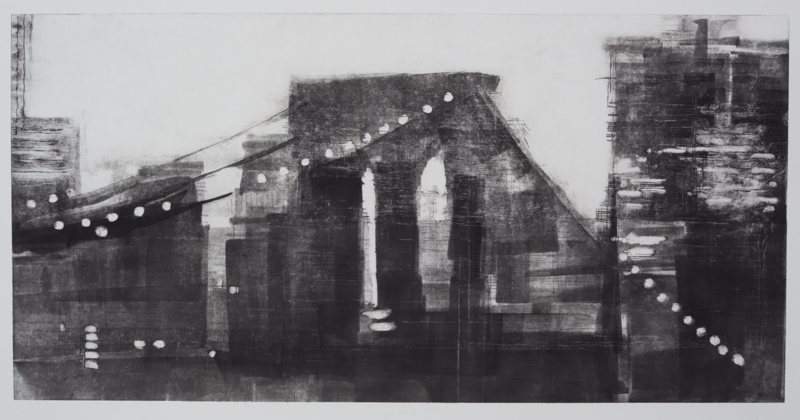 "Building a Bridge II (4/4)", drypoint and monotype, 12 x 24 in.