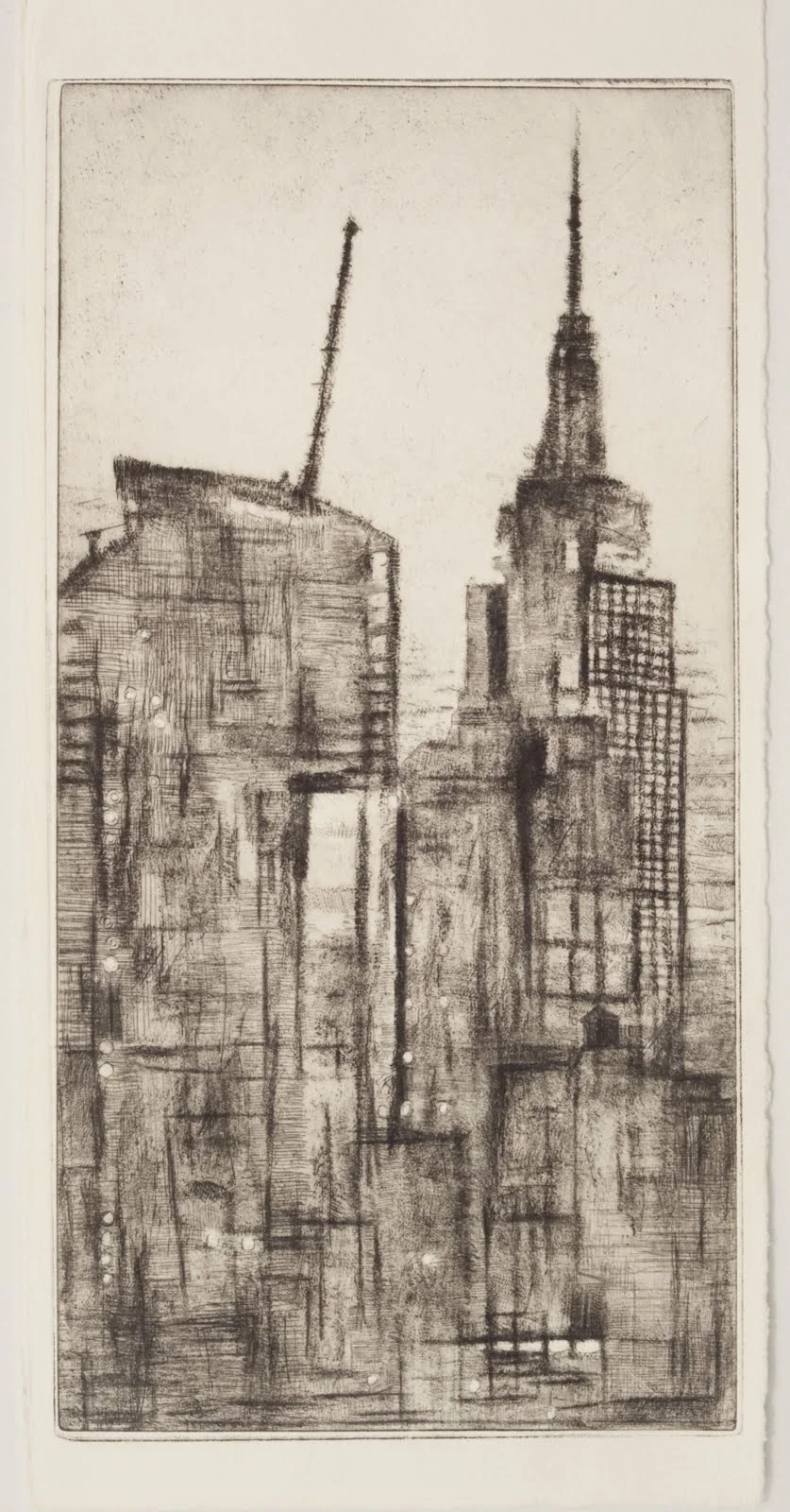 "Constructing a Tower", drypoint etching (1 of 2 variations),13.5 x 7 in.