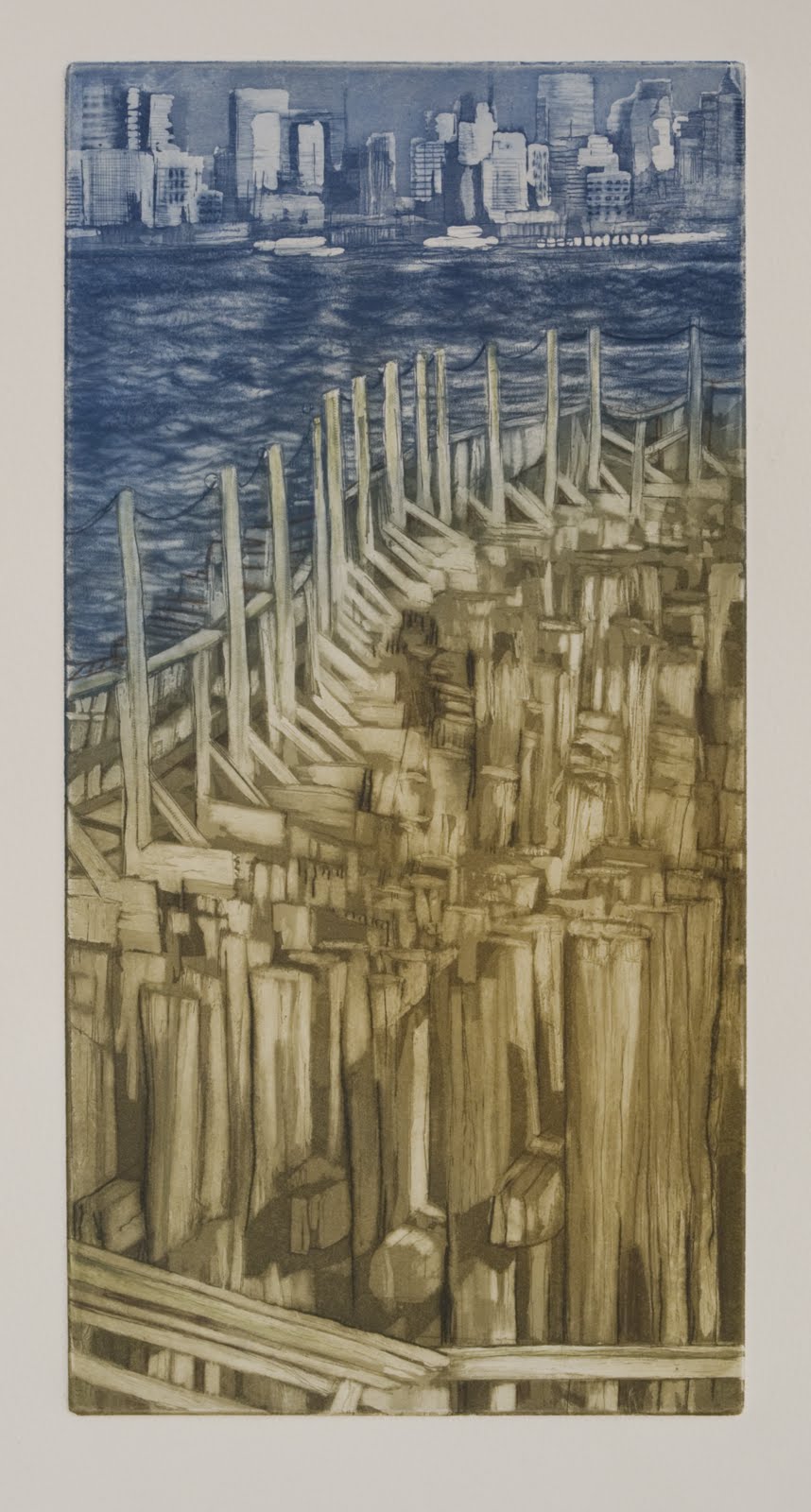 "Ferry Landing", etching,aquatint,drypoint (a la poupee, unique), 6 x 12 in.
