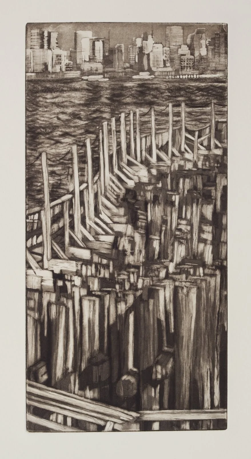 "Ferry Landing", etching,aquatint and drypoint (edition of 10), 6 x 12 in.