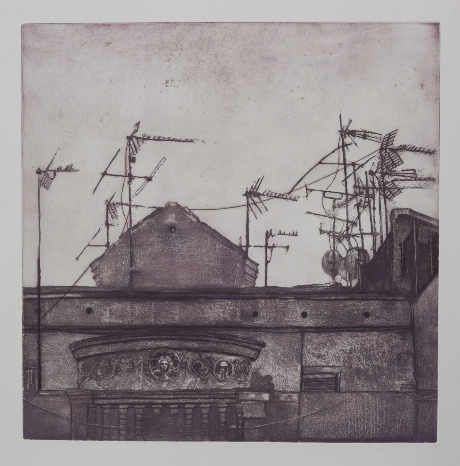 "Barcelona Rooftop", etching,aquatint, drypoint, 17.75 x 18 in.