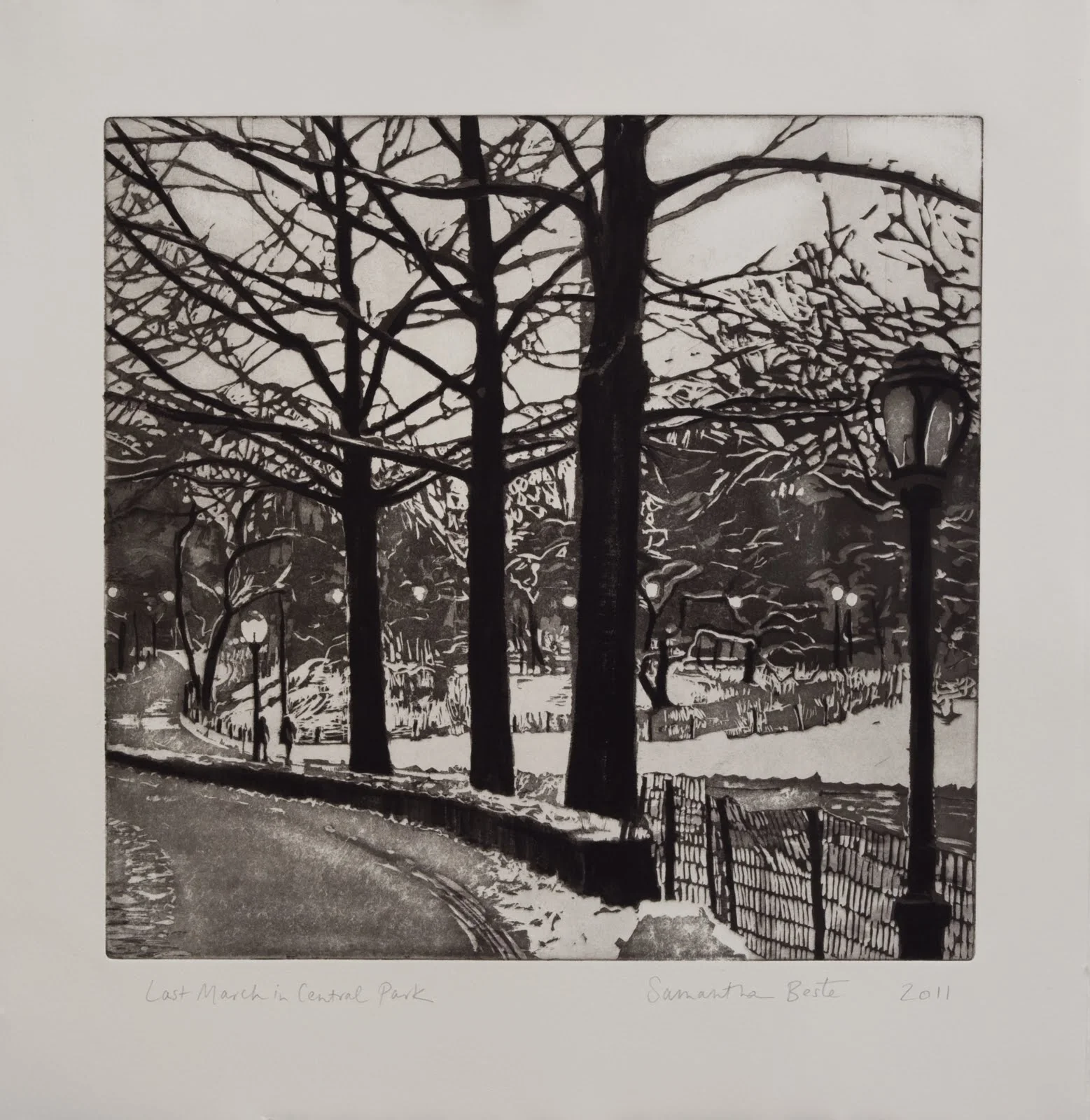 "Last March in Central Park", Etching/Aquatint with black ink and gouache, 14 x 14 in.