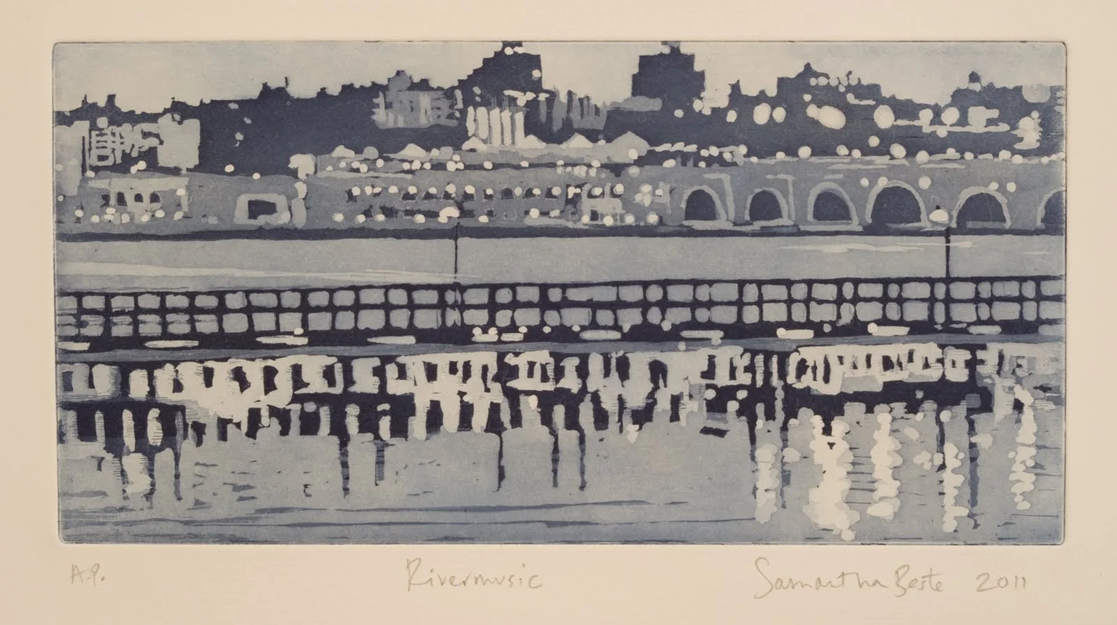 "Rivermusic", Aquatint with blue ink, 6 x 12 in.