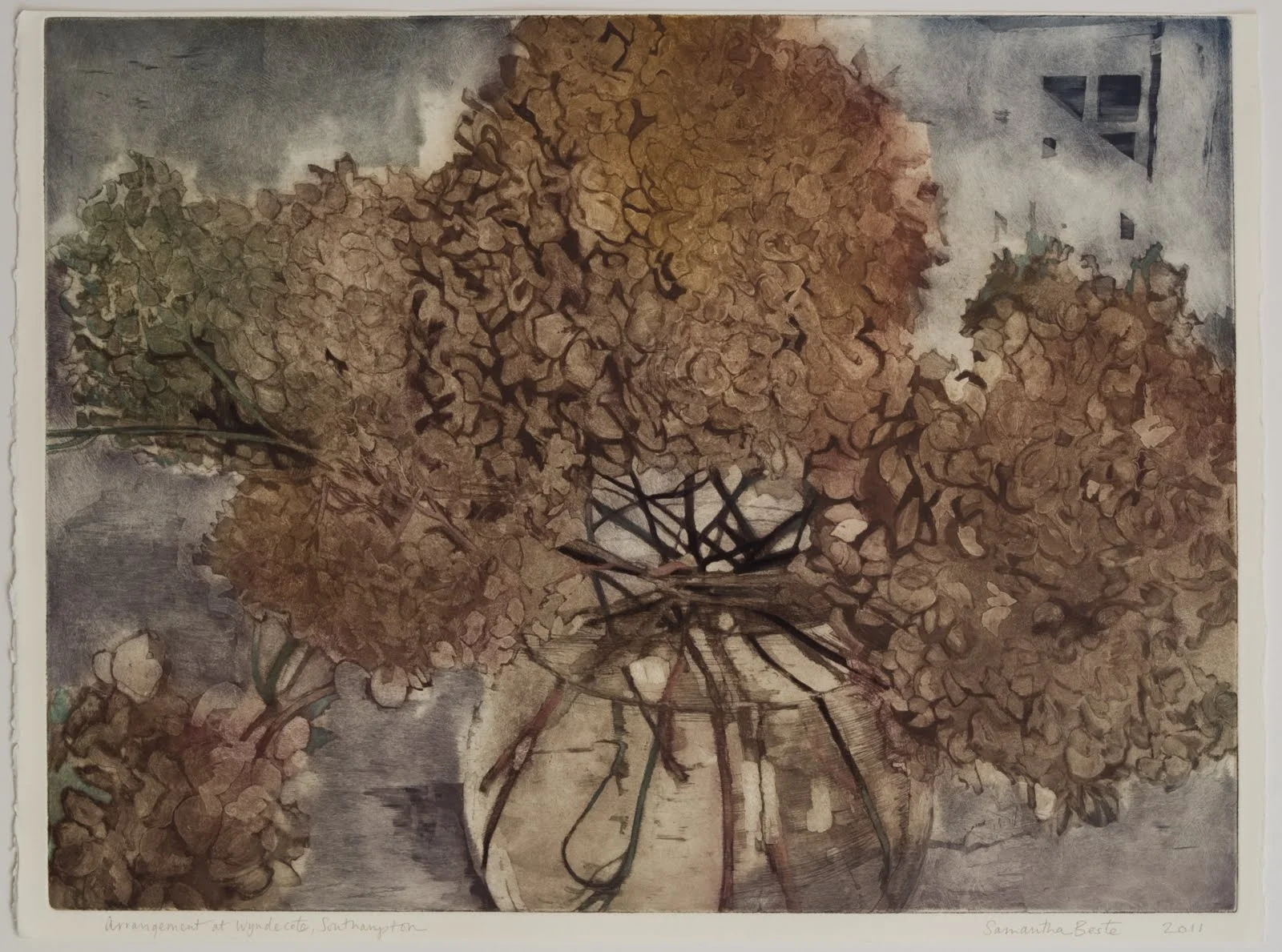"Arrangement at Wyndecote", Etching/aquatint with colored pencil, 18 x 23 in.