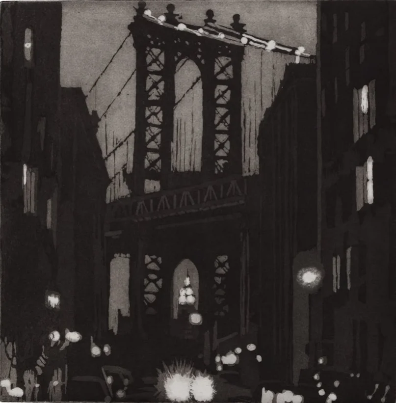 "Manhattan Bridge", etching and aquatint, 11 x 11 in.