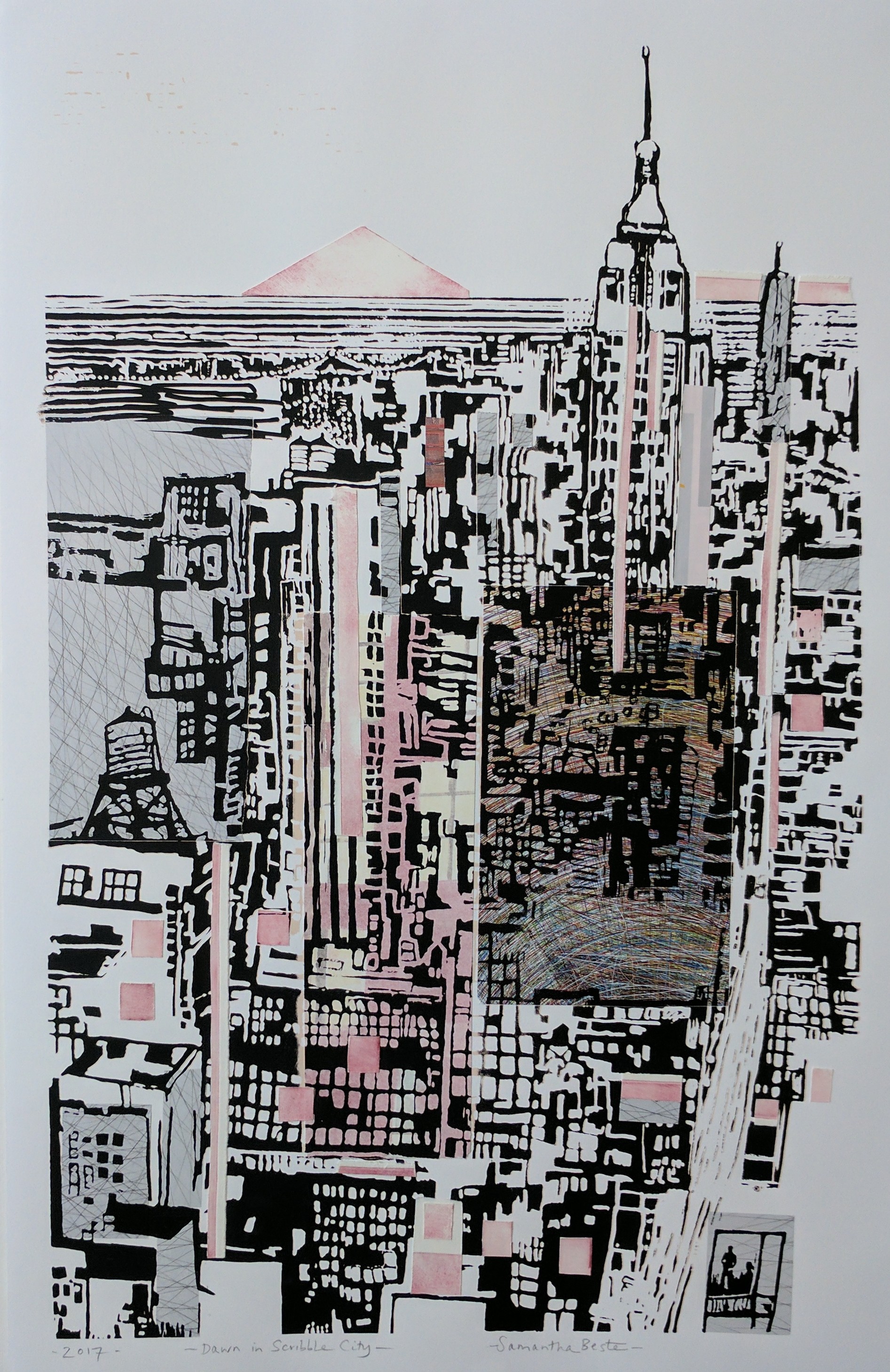 Dawn in Scribble City, serigraph/collage, 20"x30"