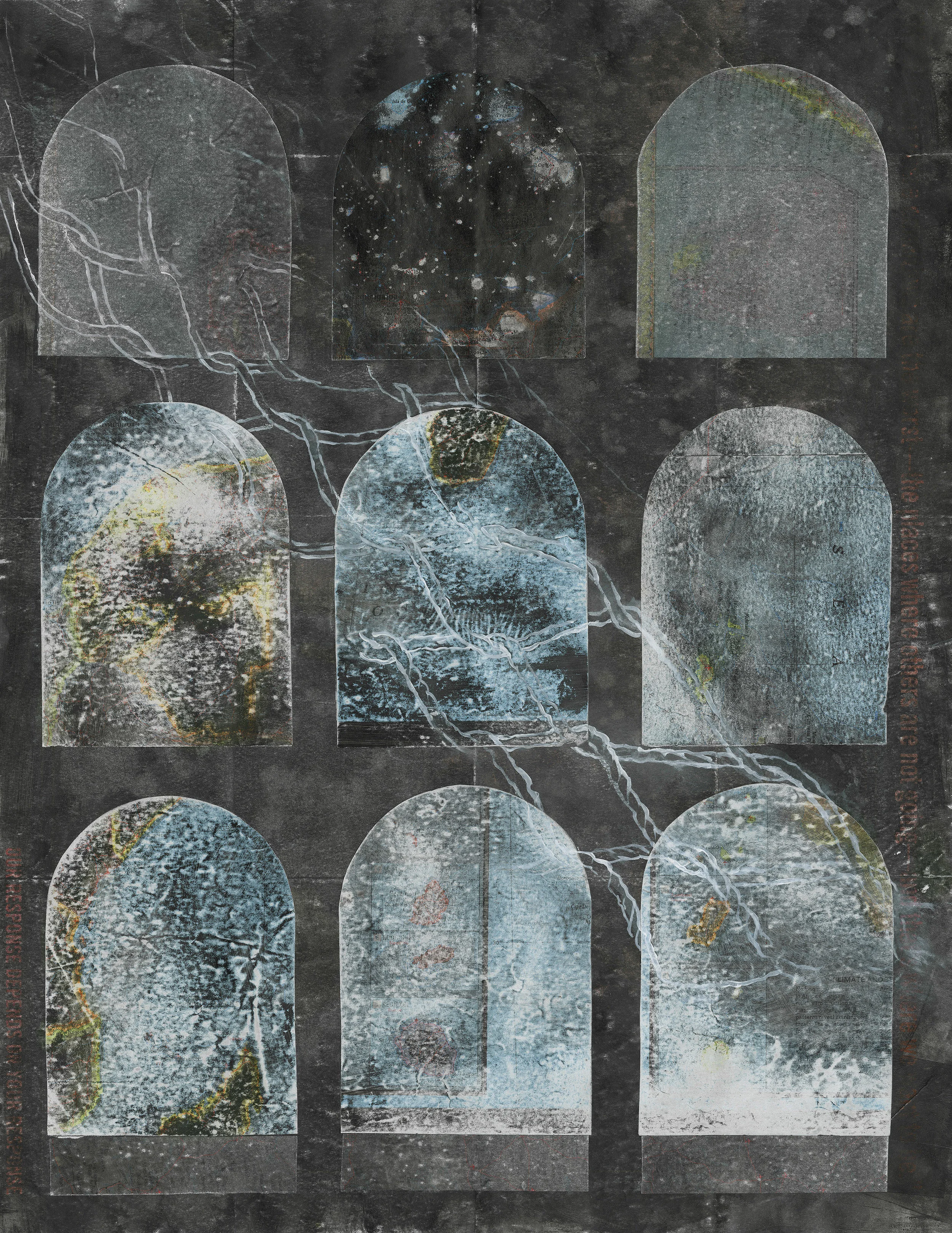 "Arches (Net)", eradicated map and primer paint, 30" x 20", 2018