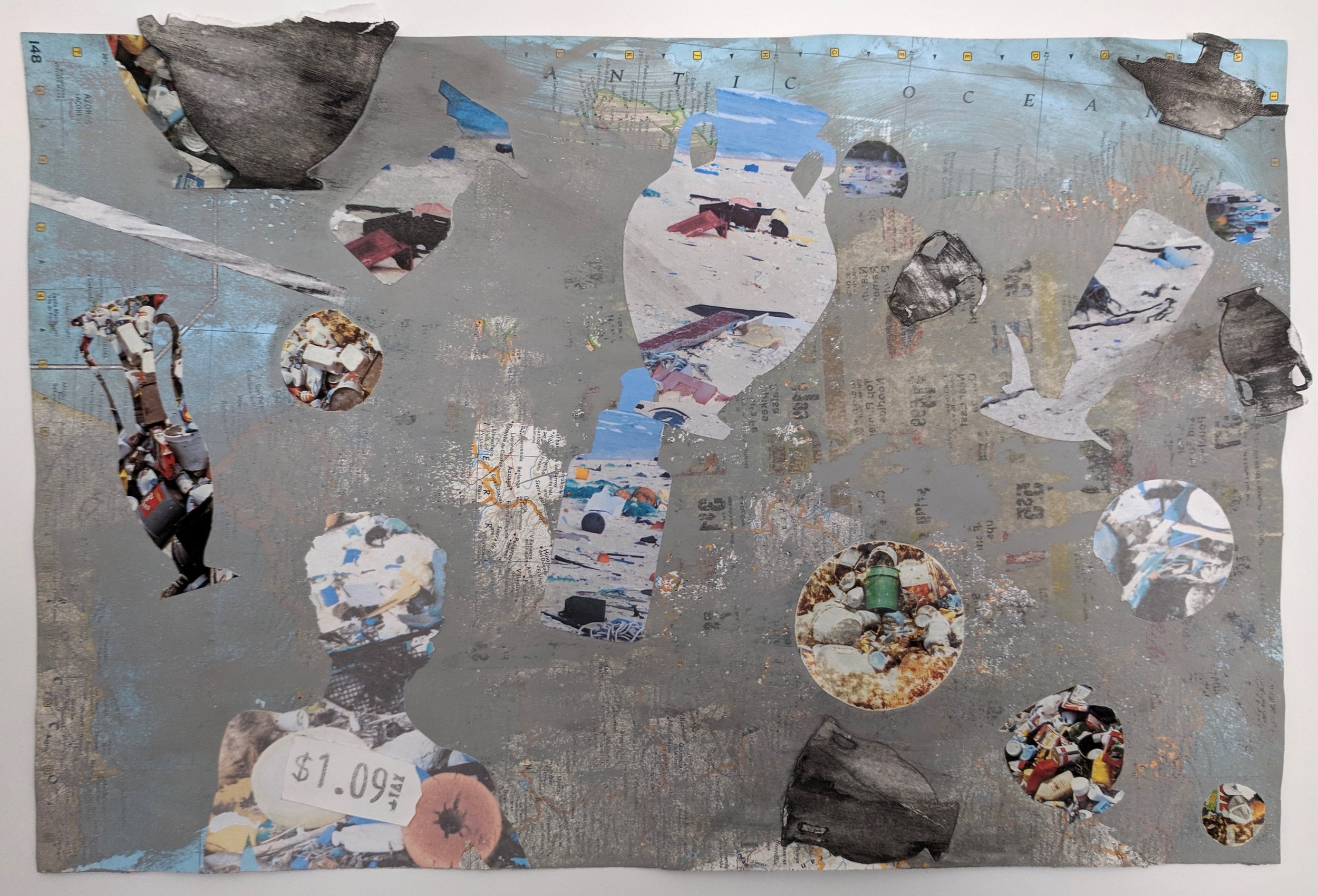 "Antic Ocean IV", house paint, eradicated map, collage, 12" x 18.25", 2017