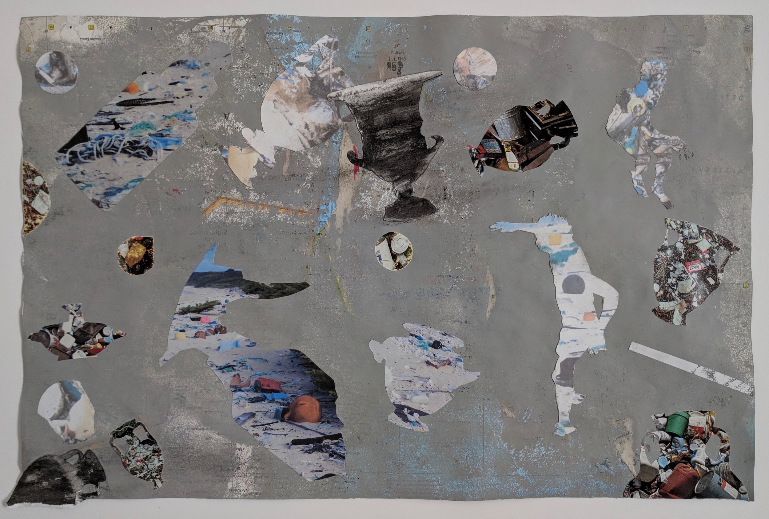 "Antic Ocean I", house paint, eradicated map, collage, 12" x 18.25", 2017