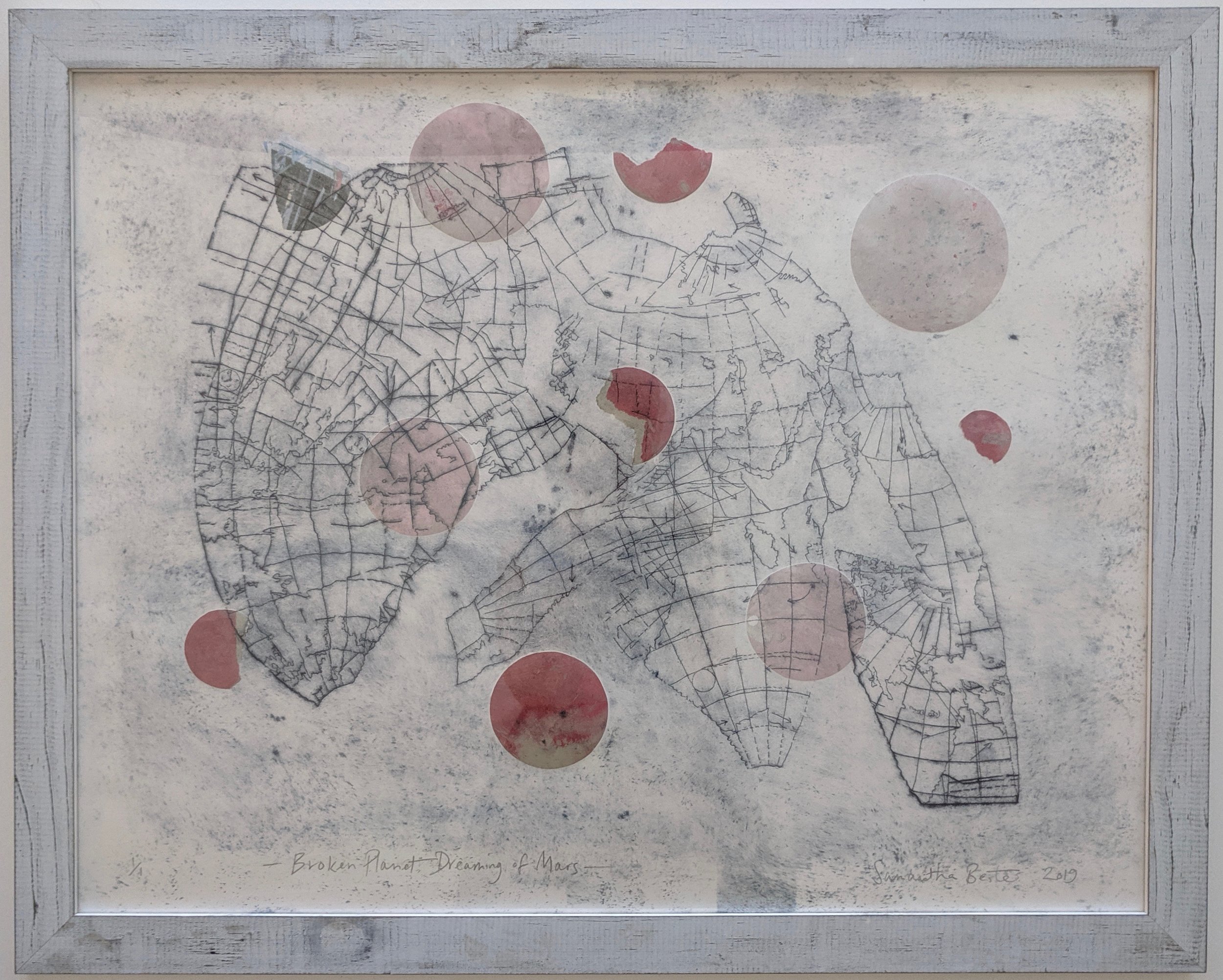 "Broken Planet Dreaming of Mars", drypoint etching with chine-colle on Rives BFK, 24" x 30", 2019