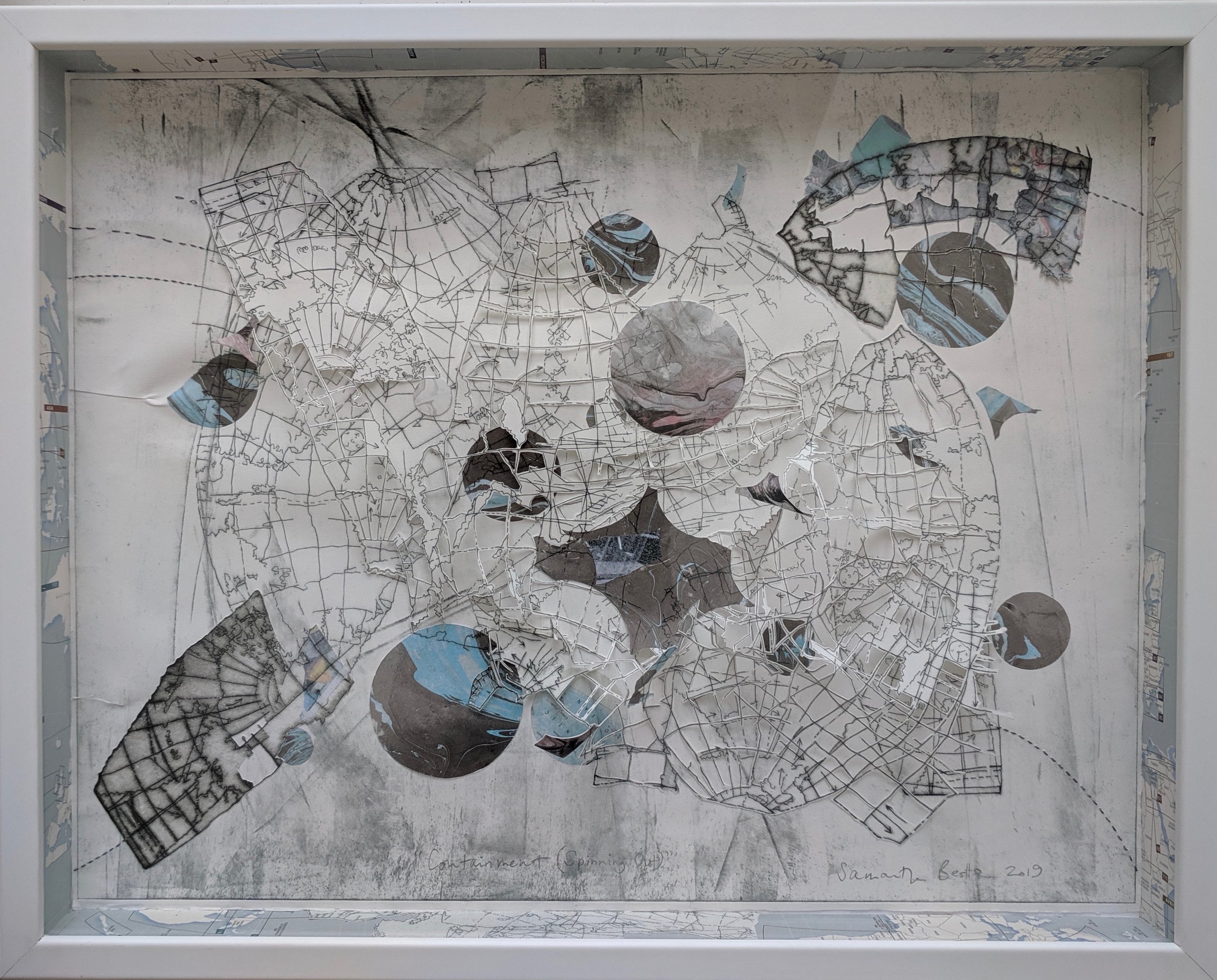 "Containment (Spinning Out)",  drypoint etching w/ chine-colle and collage in box frame, 22"x 30"x 2.5", 2019