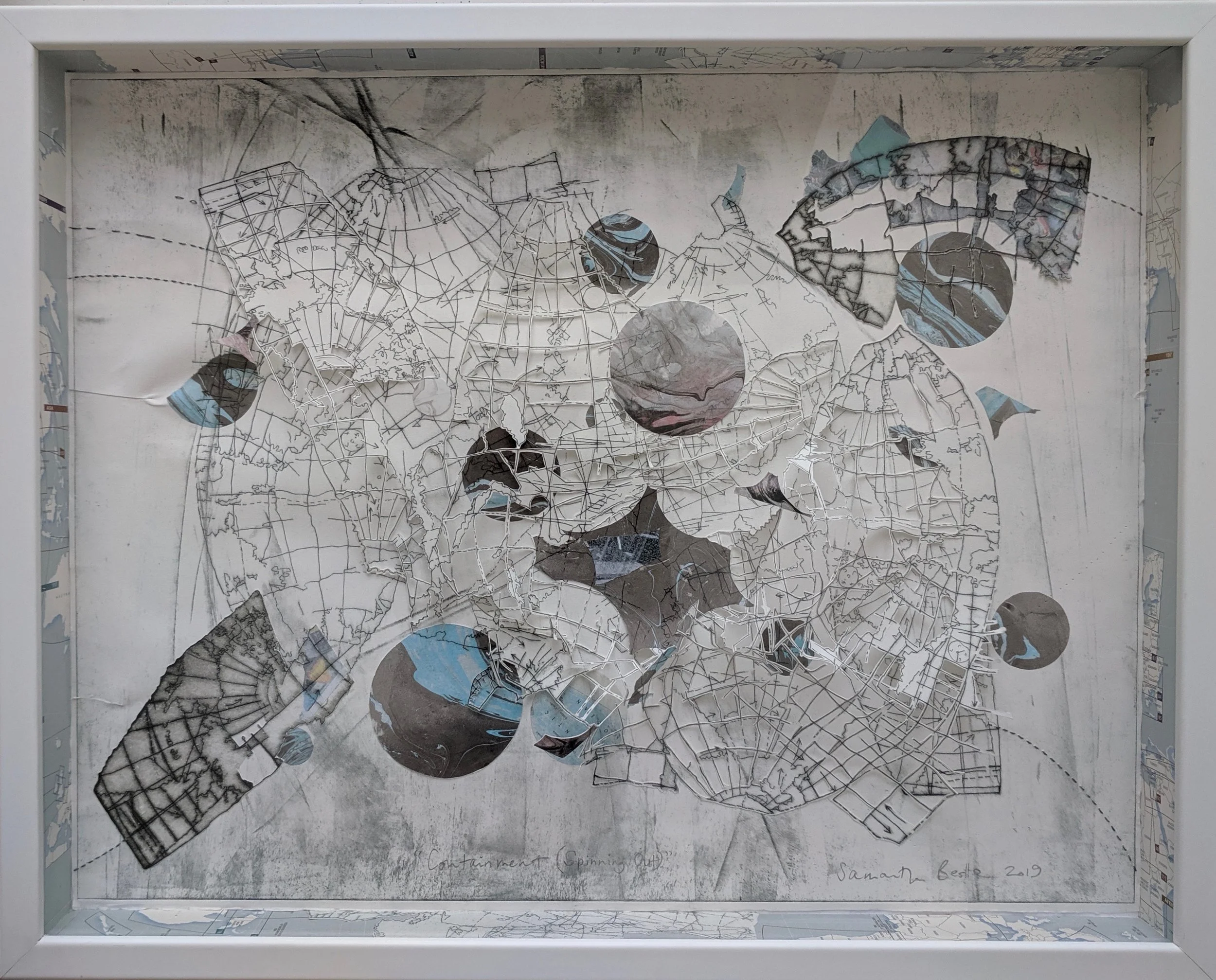 "Containment (Spinning Out)", drypoint etching w/ chine-colle and collage in box frame, 22"x 30"x 2.5", 2019