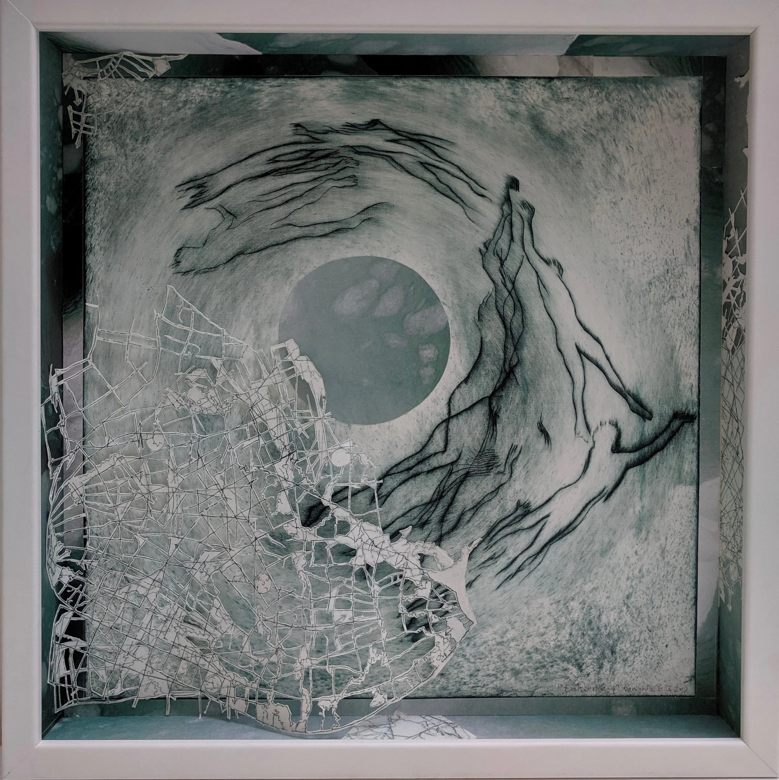 "Exit Strategy", drypoint etching and collage in shadowbox frame, 20" x 20" x 2.5", 2019