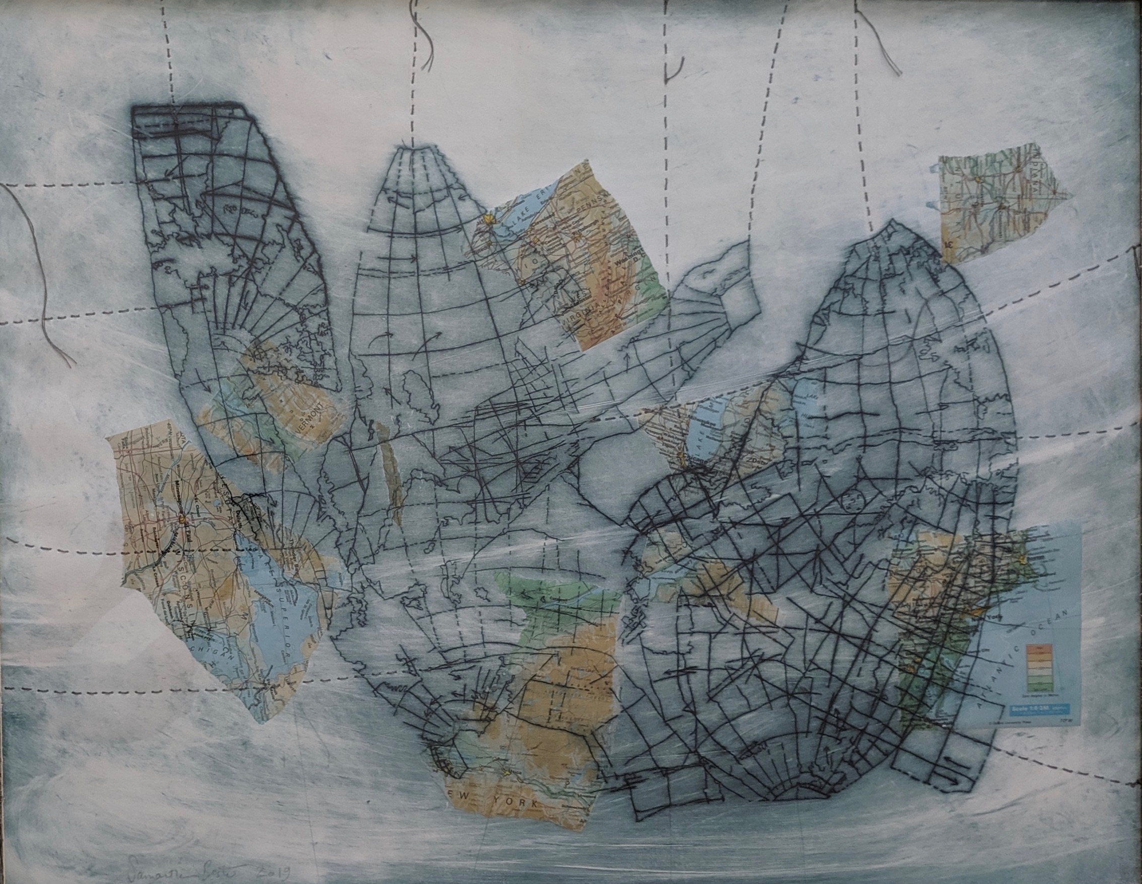 "Reinforcements (Collapsed Map)", drypoint etching with chine-colle and thread on Rives BFK, 24" x 30", 2019