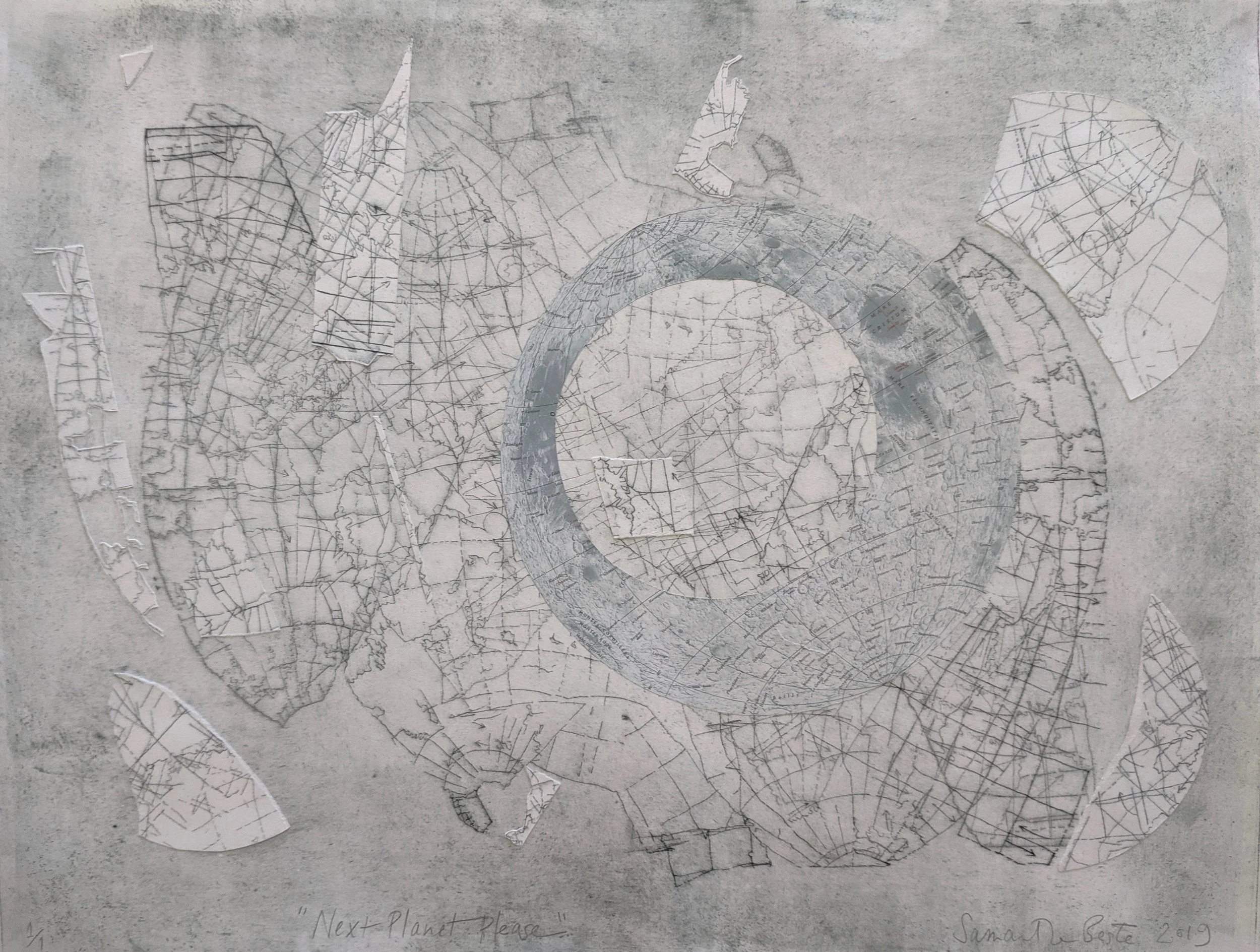 "Next Planet Please", drypoint etching with collage on Rives BFK, 24" x 30", 2019