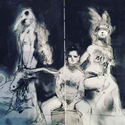 Models posing at Wilderness Festival's Art Macabre taxidermy themed salon. Drawing by Jake Spicer, 2016
