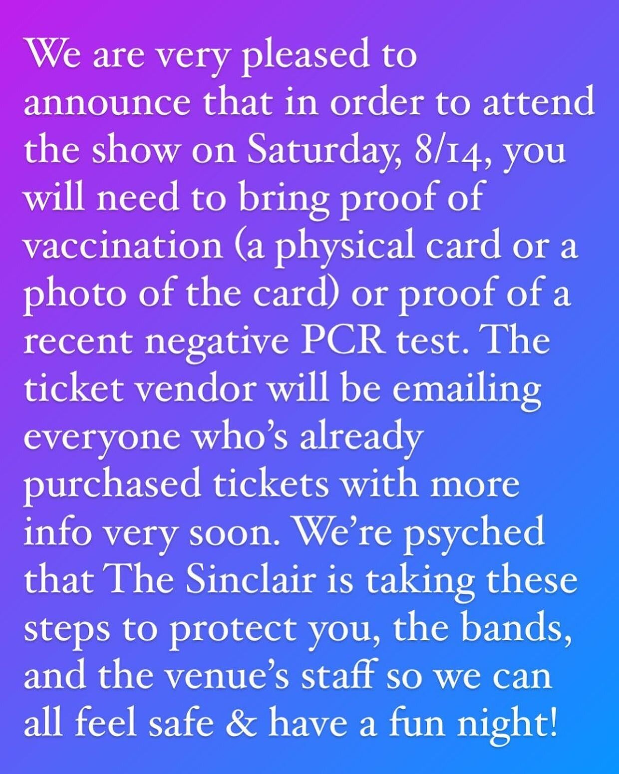 UPDATE! Bring yer vaxxx card to @TheSinclair on Saturday, 8/14! 🙌

@freezepopband @Worshipperband @theglitterboys