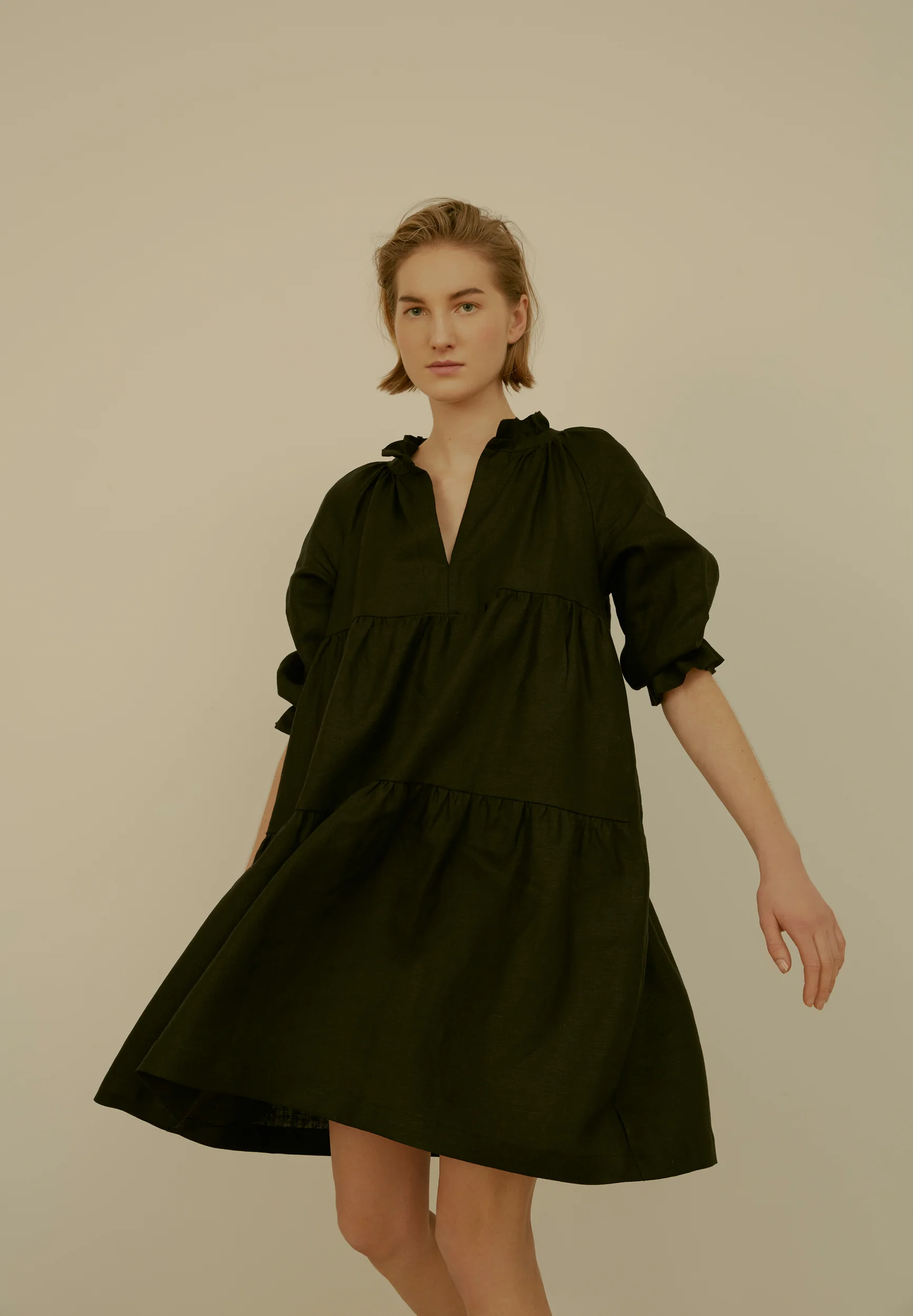 31 CHAPEL LANE IRISH LINEN SIENA DRESS WITH RUFFLES, ONYX BLACK, MADE IN IRELAND