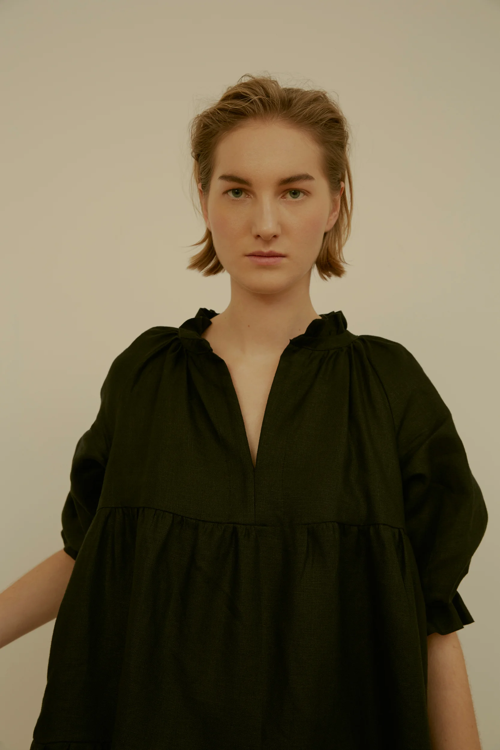31 CHAPEL LANE IRISH LINEN SIENA DRESS WITH RUFFLES, ONYX BLACK, MADE IN IRELAND