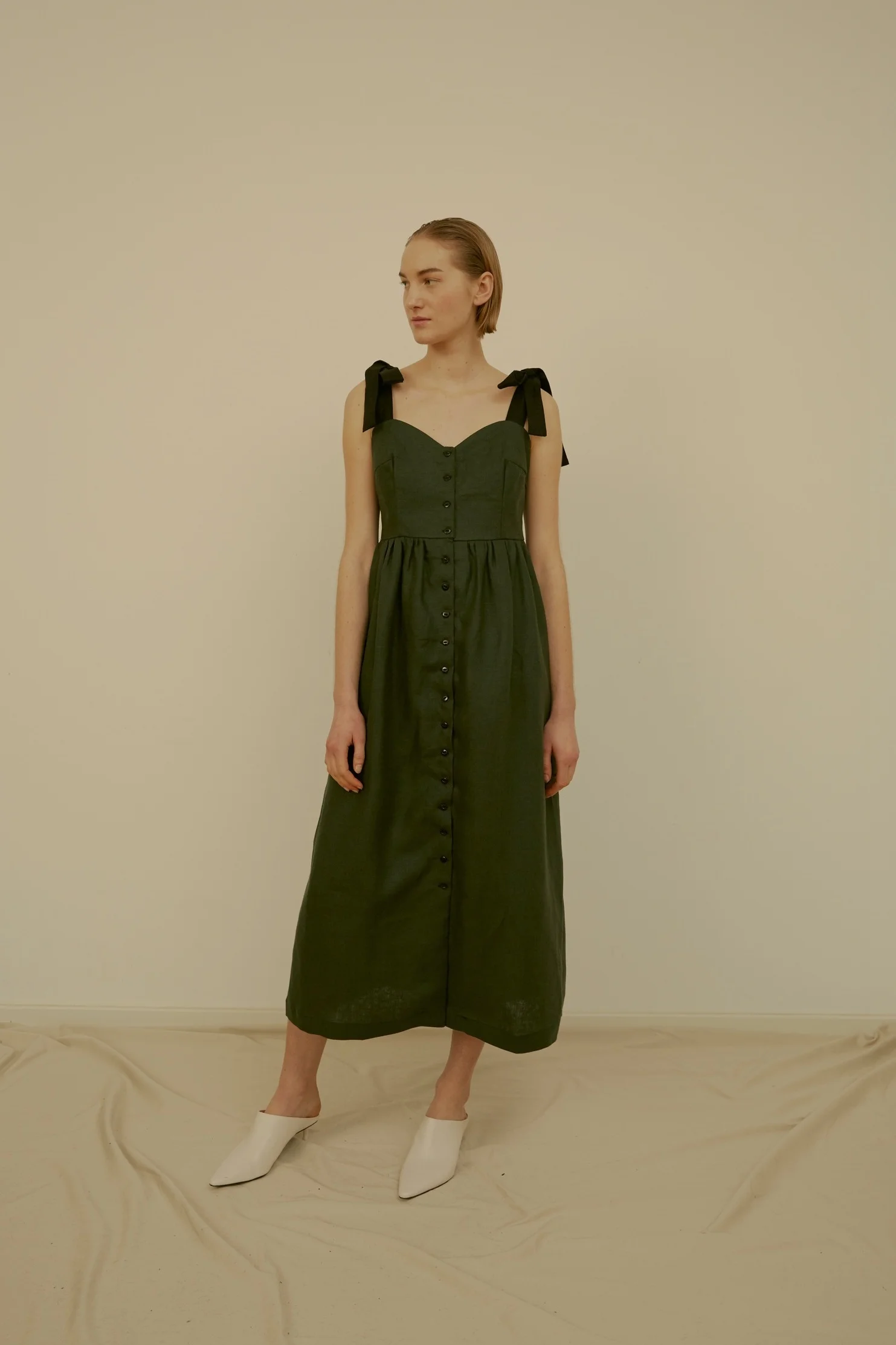 31 CHAPEL LANE IRISH LINEN ZURI BUTTON UP DRESS, PINE GREEN, MADE IN IRELAND