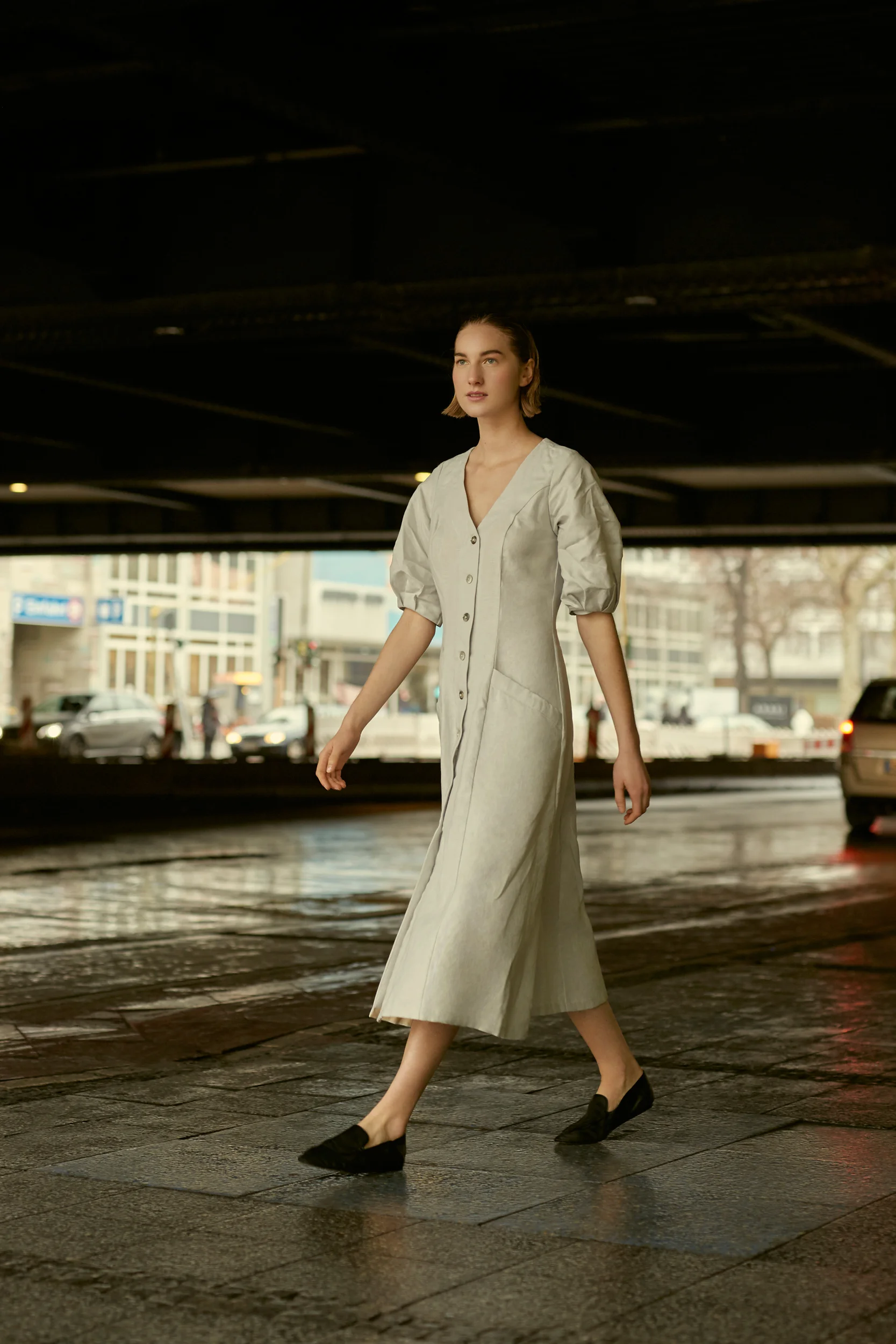 31 CHAPEL LANE IRISH LINEN CLEO DRESS BUTTON UP AND BALLOON SLEEVES GREY WHITE MADE IN IRELAND